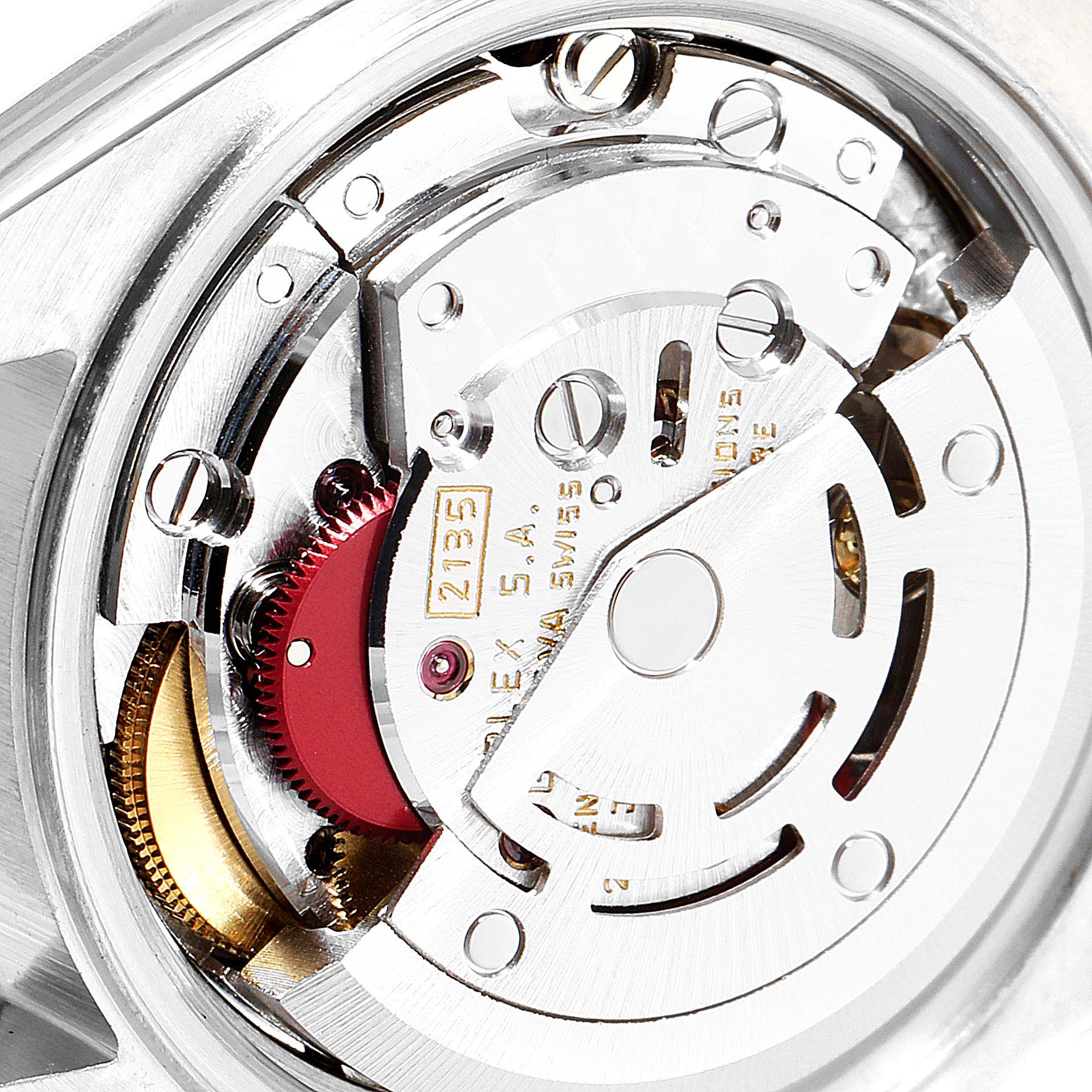 The image shows the internal mechanism of the Rolex Datejust 69173 Women's Steel and Gold (two tone) Champagne Dial 69173 Women's Steel and Gold (two tone) Champagne Dial watch viewed from the back, displaying gears and the movement components.