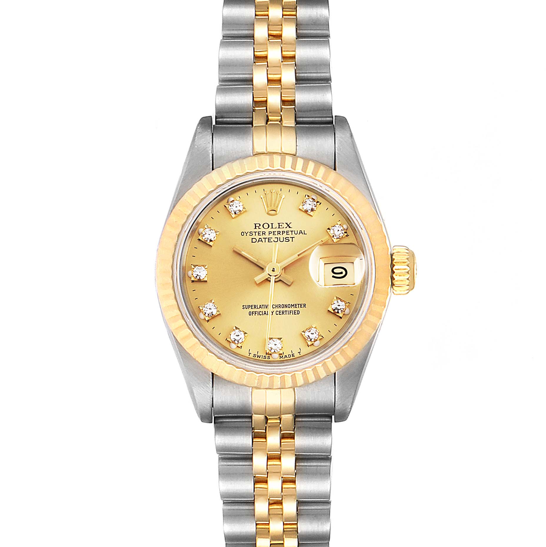 This image shows a Rolex Datejust 69173 Women's Steel and Gold (two tone) Champagne Dial 69173 Women's Steel and Gold (two tone) Champagne Dial watch from a front angle, highlighting the face, bezel, crown, and bracelet.
