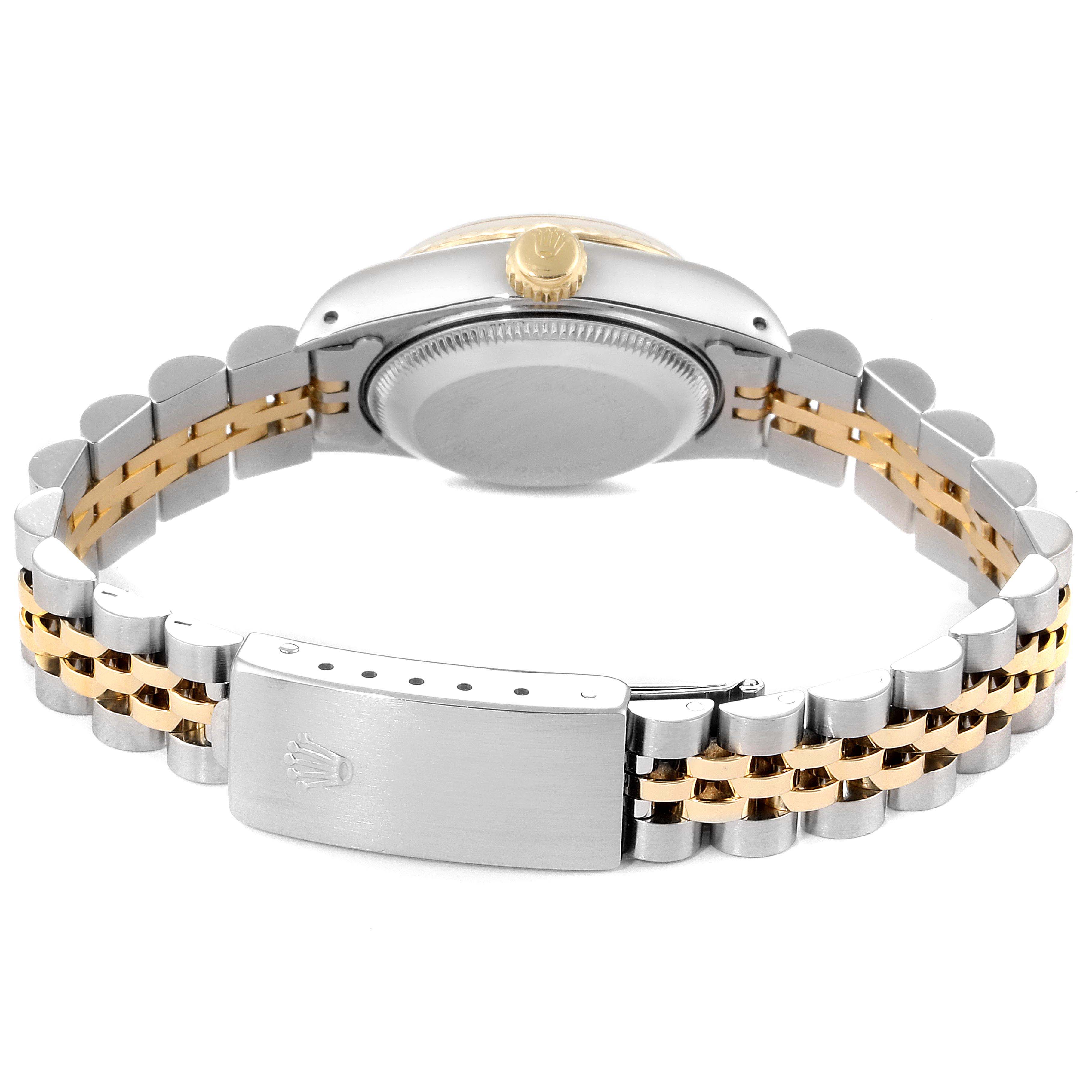 The image shows the back of a Rolex Datejust 69173 Women's Steel and Gold (two tone) Champagne Dial 69173 Women's Steel and Gold (two tone) Champagne Dial watch, highlighting the bracelet, clasp, case back, and crown at an upward angle.