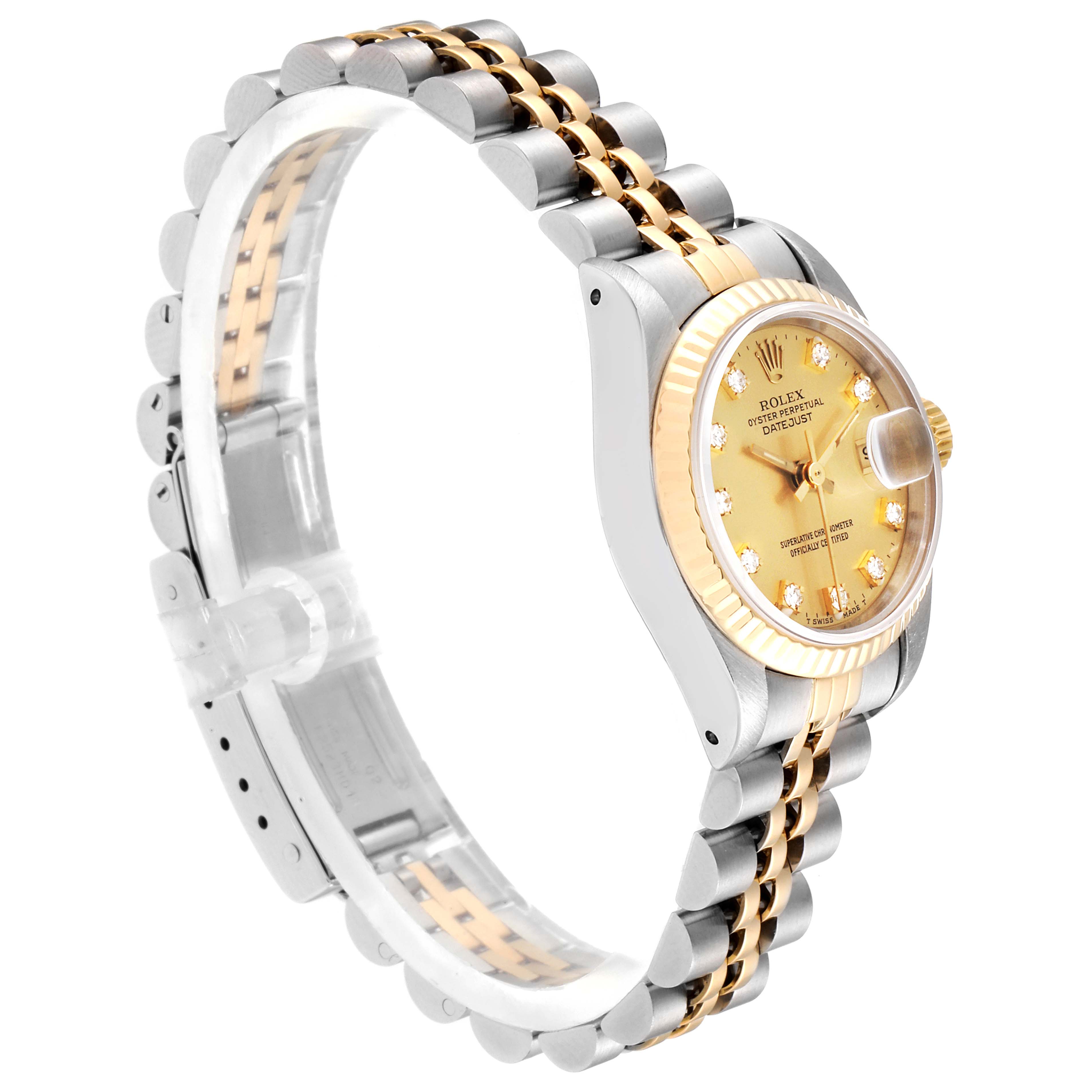 The image shows a Rolex Datejust 69173 Women's Steel and Gold (two tone) Champagne Dial 69173 Women's Steel and Gold (two tone) Champagne Dial watch at a 45-degree angle, displaying the dial, fluted bezel, and Jubilee bracelet.