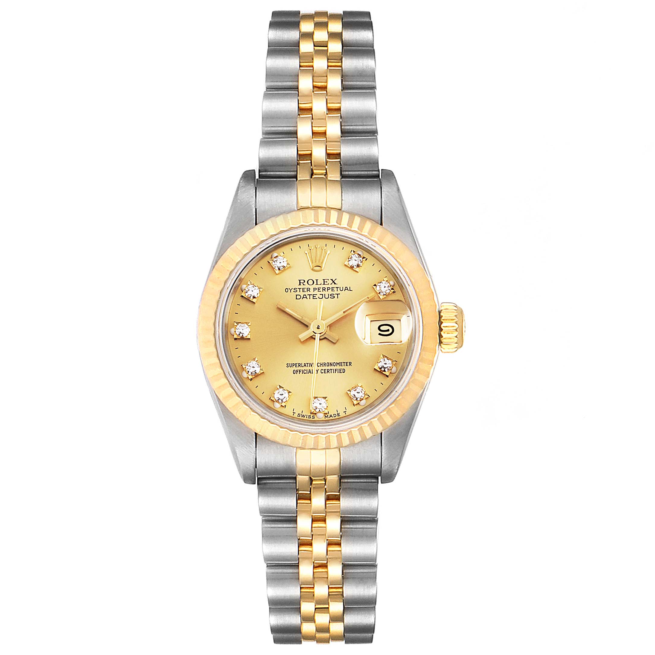 This image shows a front view of a Rolex Datejust 69173 Women's Steel and Gold (two tone) Champagne Dial 69173 Women's Steel and Gold (two tone) Champagne Dial watch featuring a two-tone bracelet, fluted bezel, champagne dial, and date display.