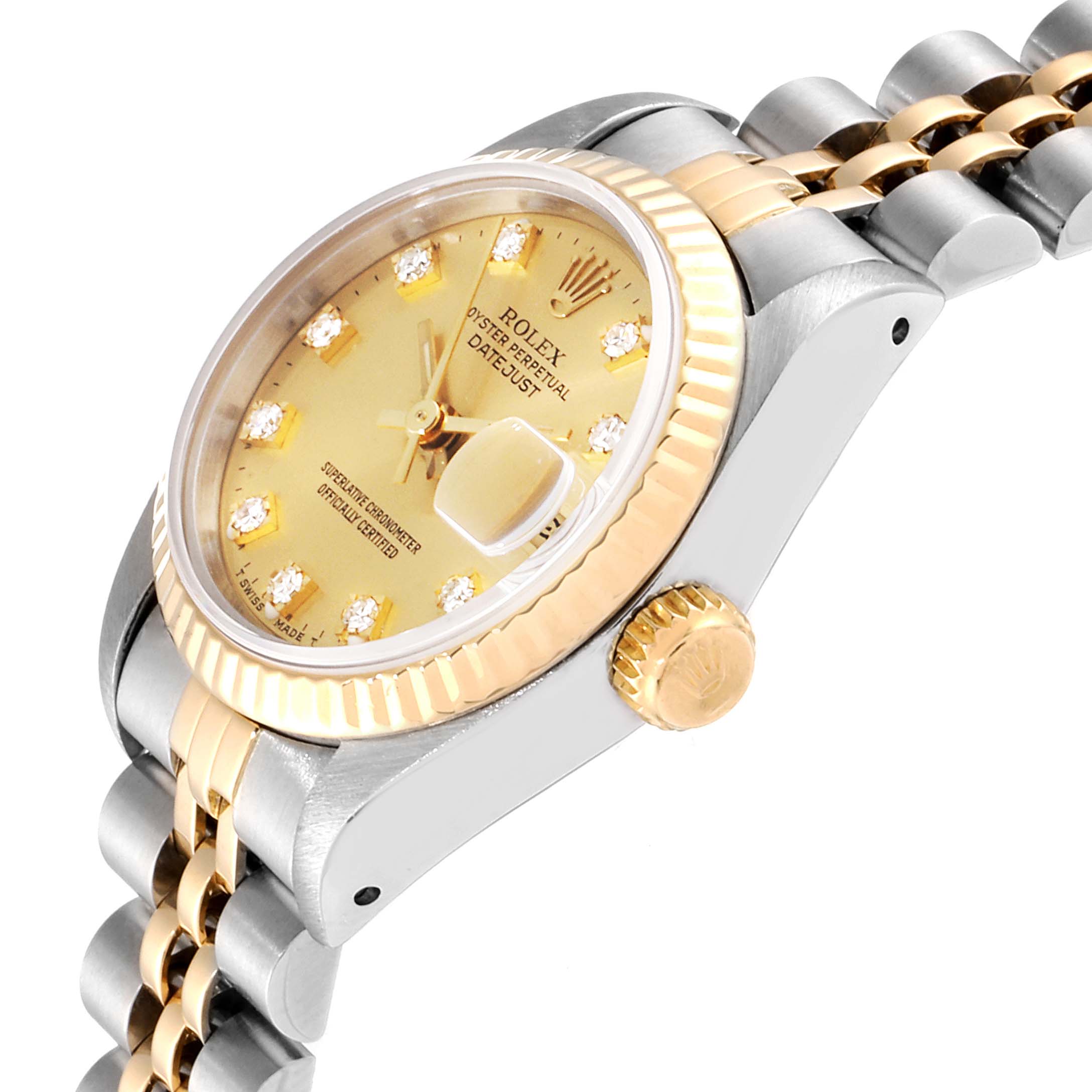 This Rolex Datejust 69173 Women's Steel and Gold (two tone) Champagne Dial 69173 Women's Steel and Gold (two tone) Champagne Dial watch is viewed from an angled side, showcasing the crown, bracelet, and part of the dial.