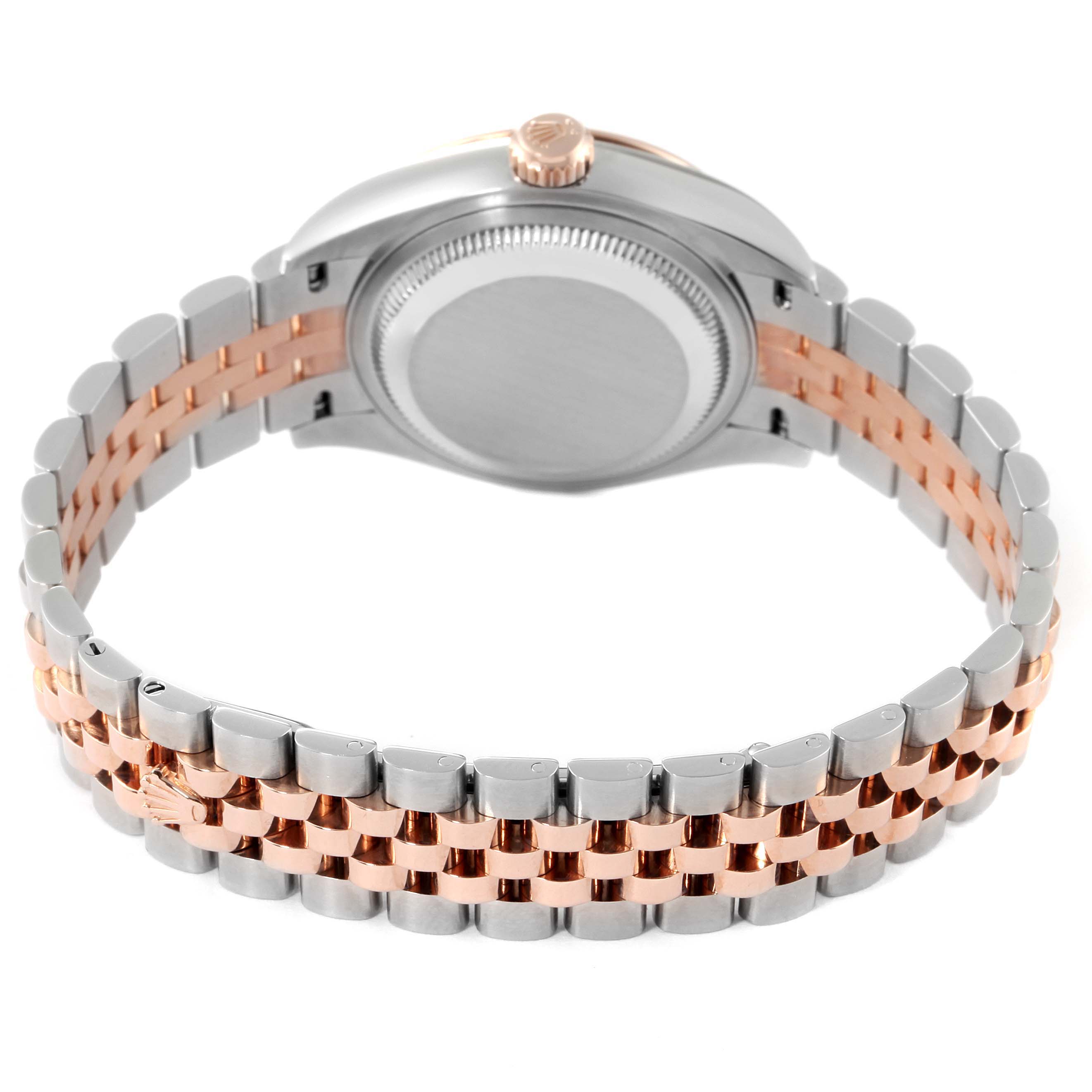 This image shows the back view of a Rolex Datejust 279171 Women's Steel and Gold (two tone) Pink Dial 279171 Women's Steel and Gold (two tone) Pink Dial watch, highlighting its case back and two-tone bracelet.
