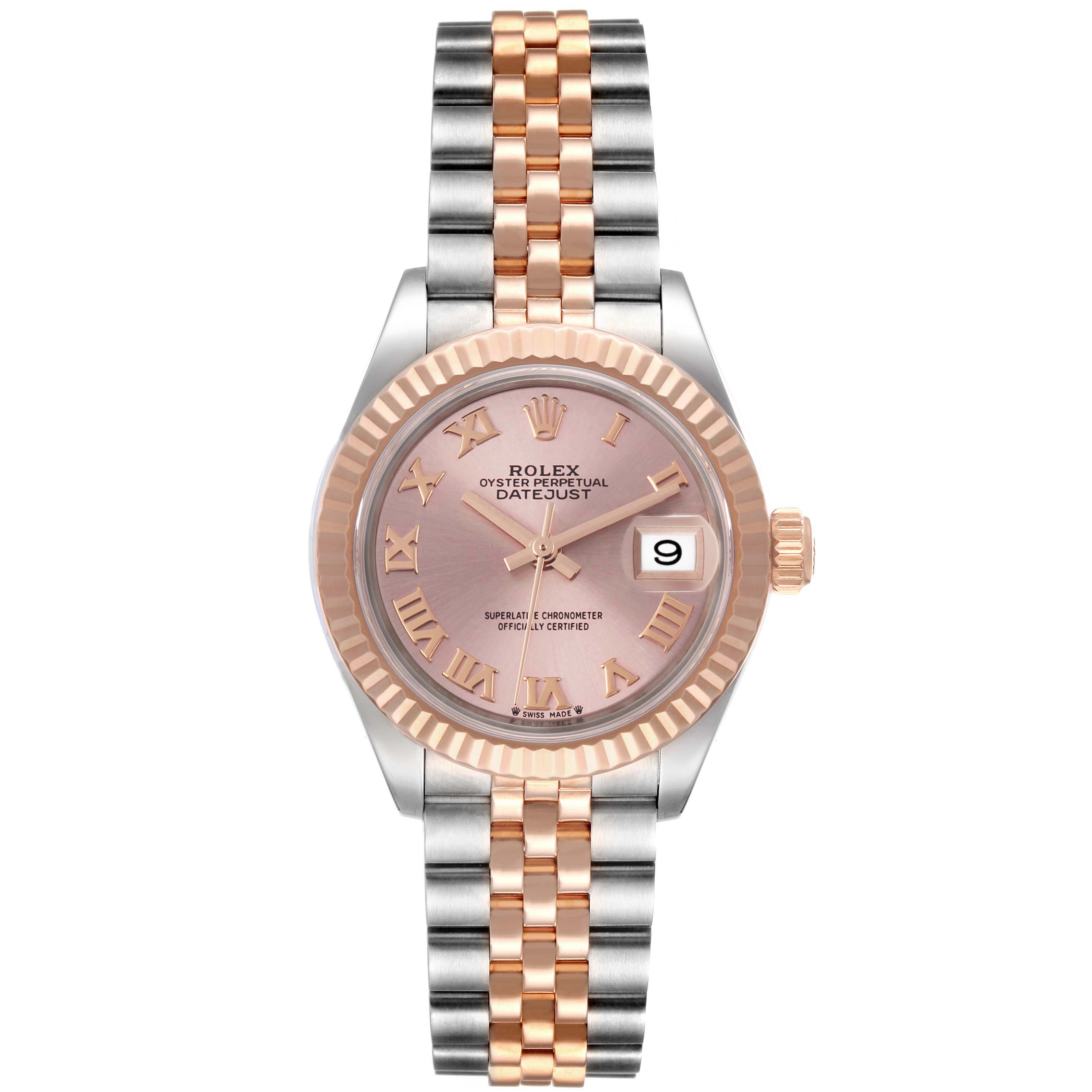 This image shows a front view of a Rolex Datejust 279171 Women's Steel and Gold (two tone) Pink Dial 279171 Women's Steel and Gold (two tone) Pink Dial watch with a two-tone bracelet and pink dial.