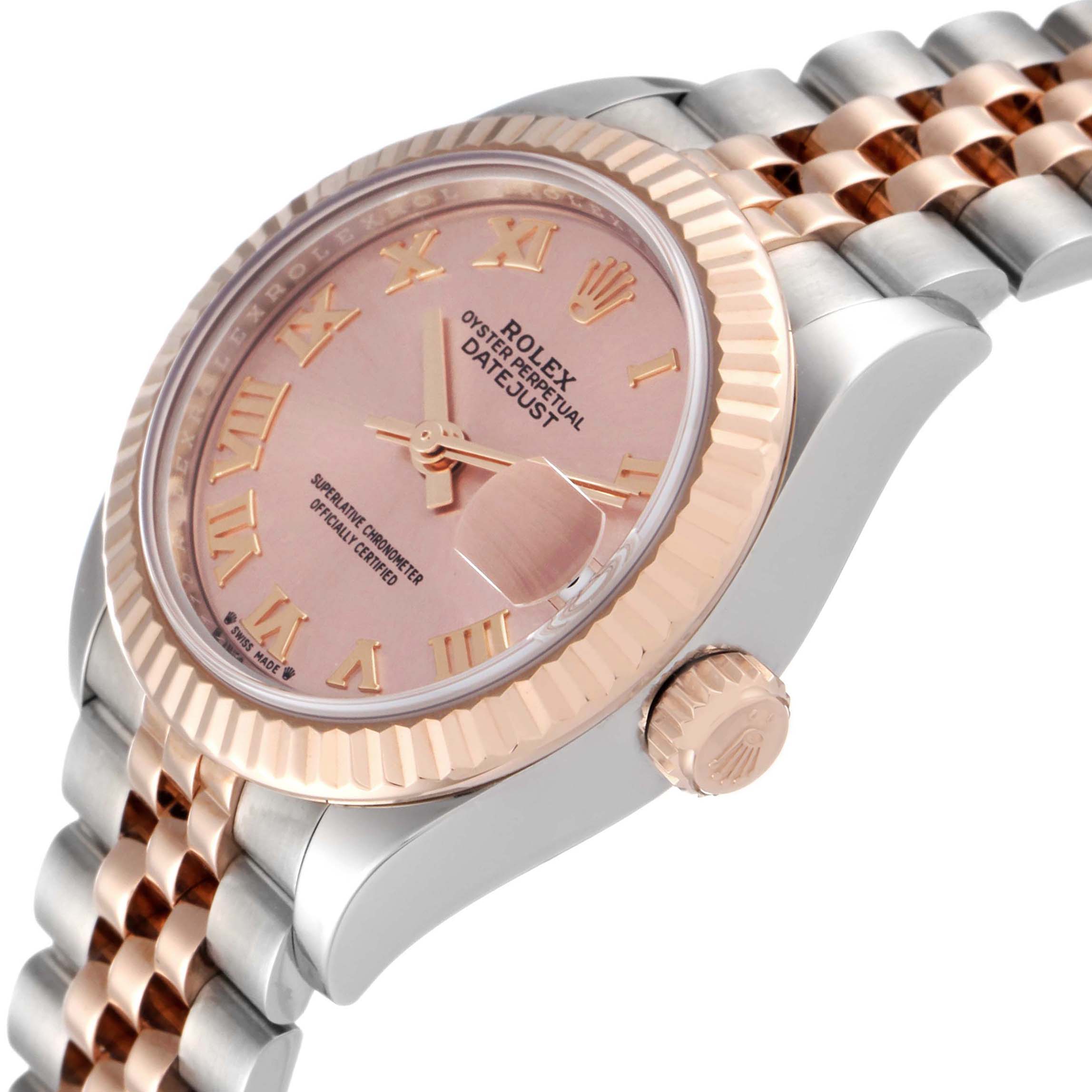 This image shows a close-up side angle of the Rolex Datejust 279171 Women's Steel and Gold (two tone) Pink Dial 279171 Women's Steel and Gold (two tone) Pink Dial watch, highlighting the dial, bezel, crown, and bracelet.