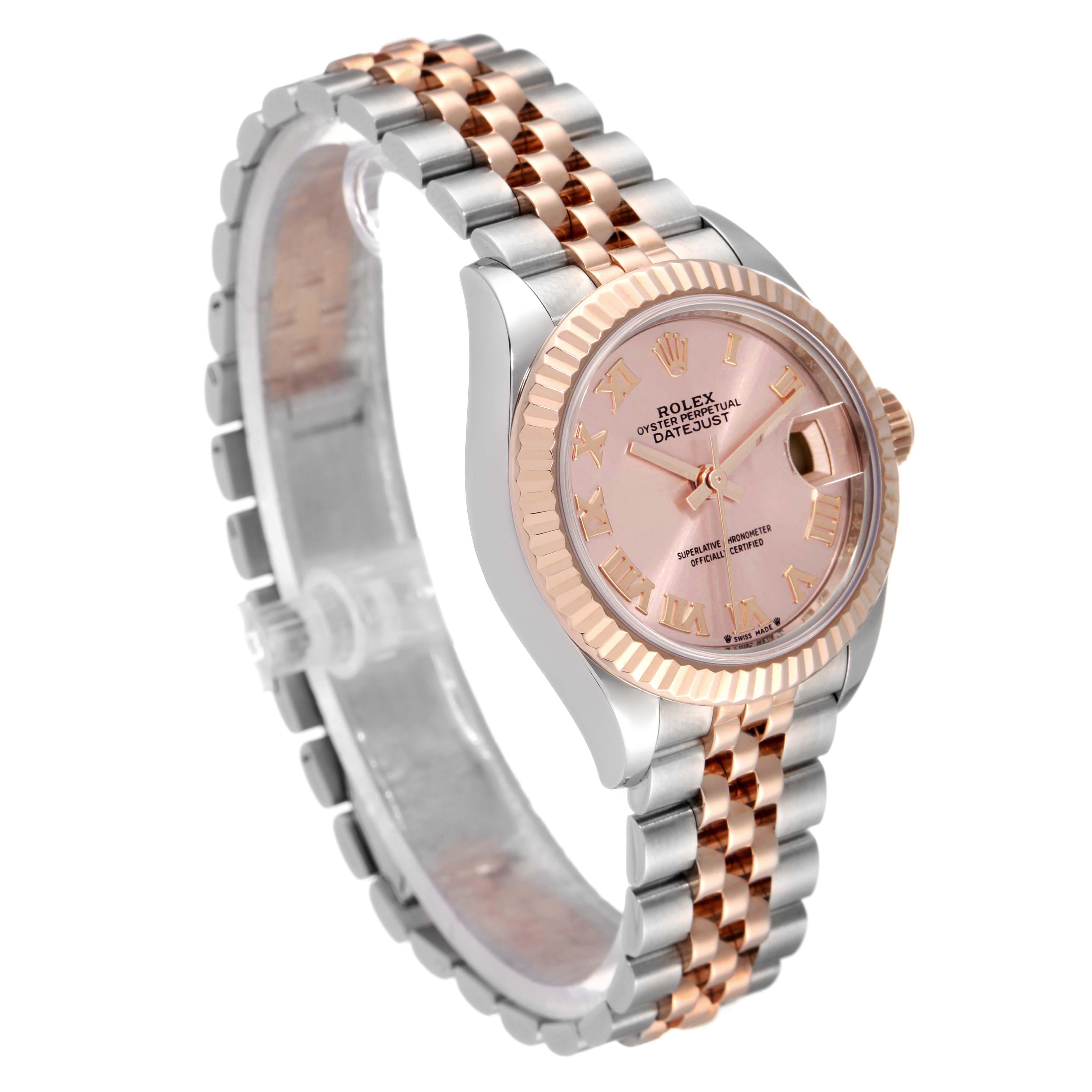 The image shows a Rolex Datejust 279171 Women's Steel and Gold (two tone) Pink Dial 279171 Women's Steel and Gold (two tone) Pink Dial model watch angled to display its face and two-tone bracelet.