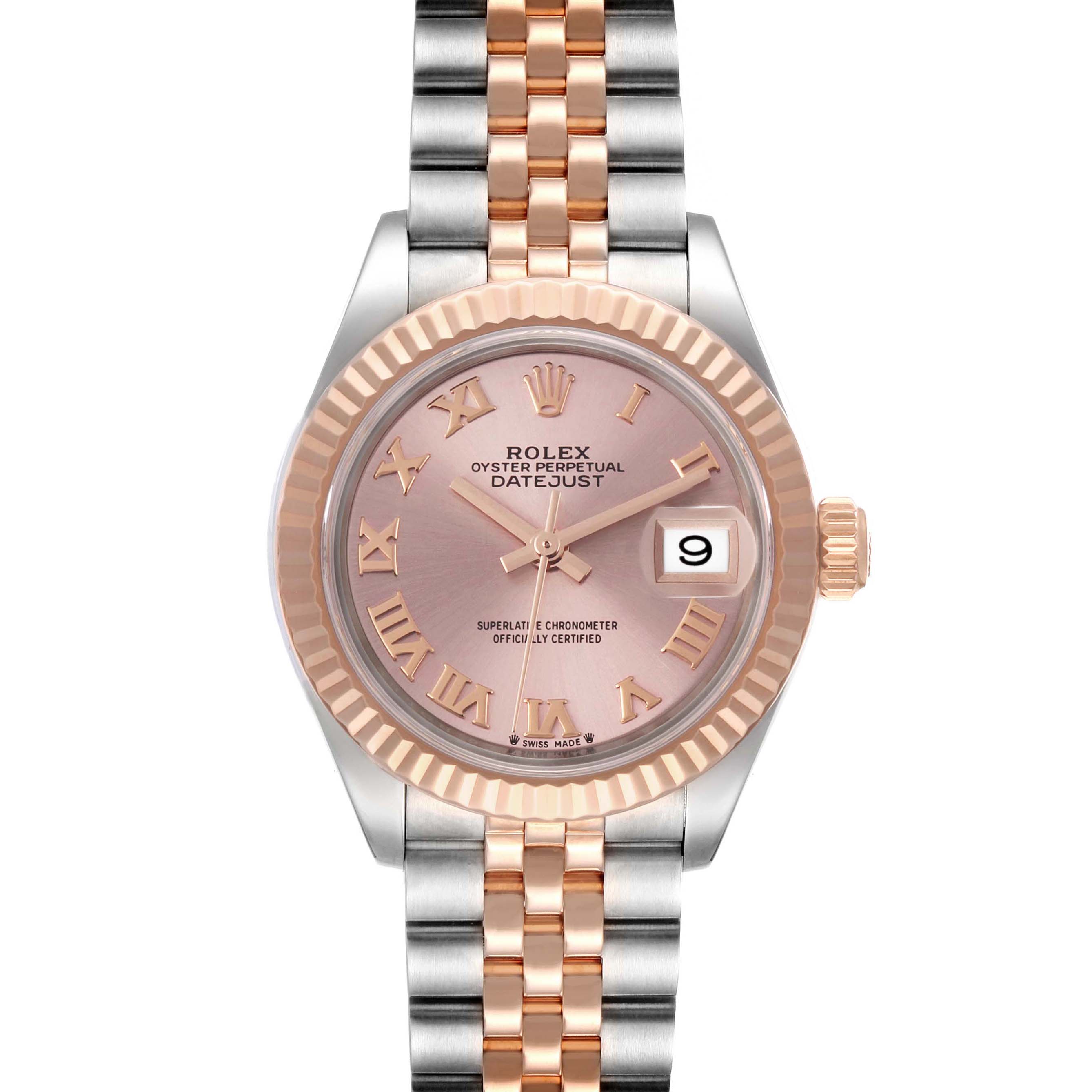 The image shows a front view of a Rolex Datejust 279171 Women's Steel and Gold (two tone) Pink Dial 279171 Women's Steel and Gold (two tone) Pink Dial watch, featuring a two-tone bracelet, fluted bezel, and a pink dial with Roman numerals.