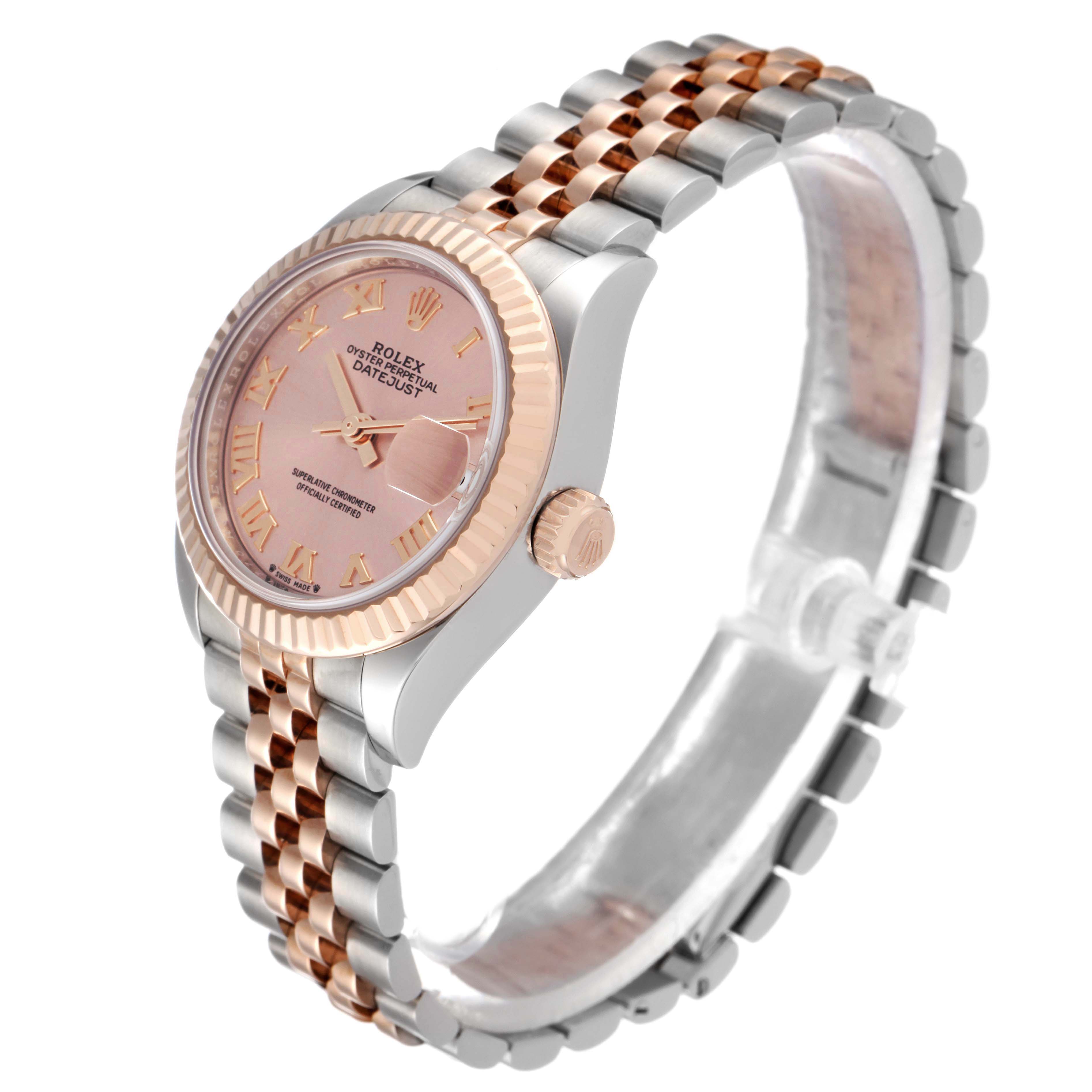 The image shows a Rolex Datejust 279171 Women's Steel and Gold (two tone) Pink Dial 279171 Women's Steel and Gold (two tone) Pink Dial watch at a slight side angle, highlighting the rose gold and silver bracelet, bezel, and dial.