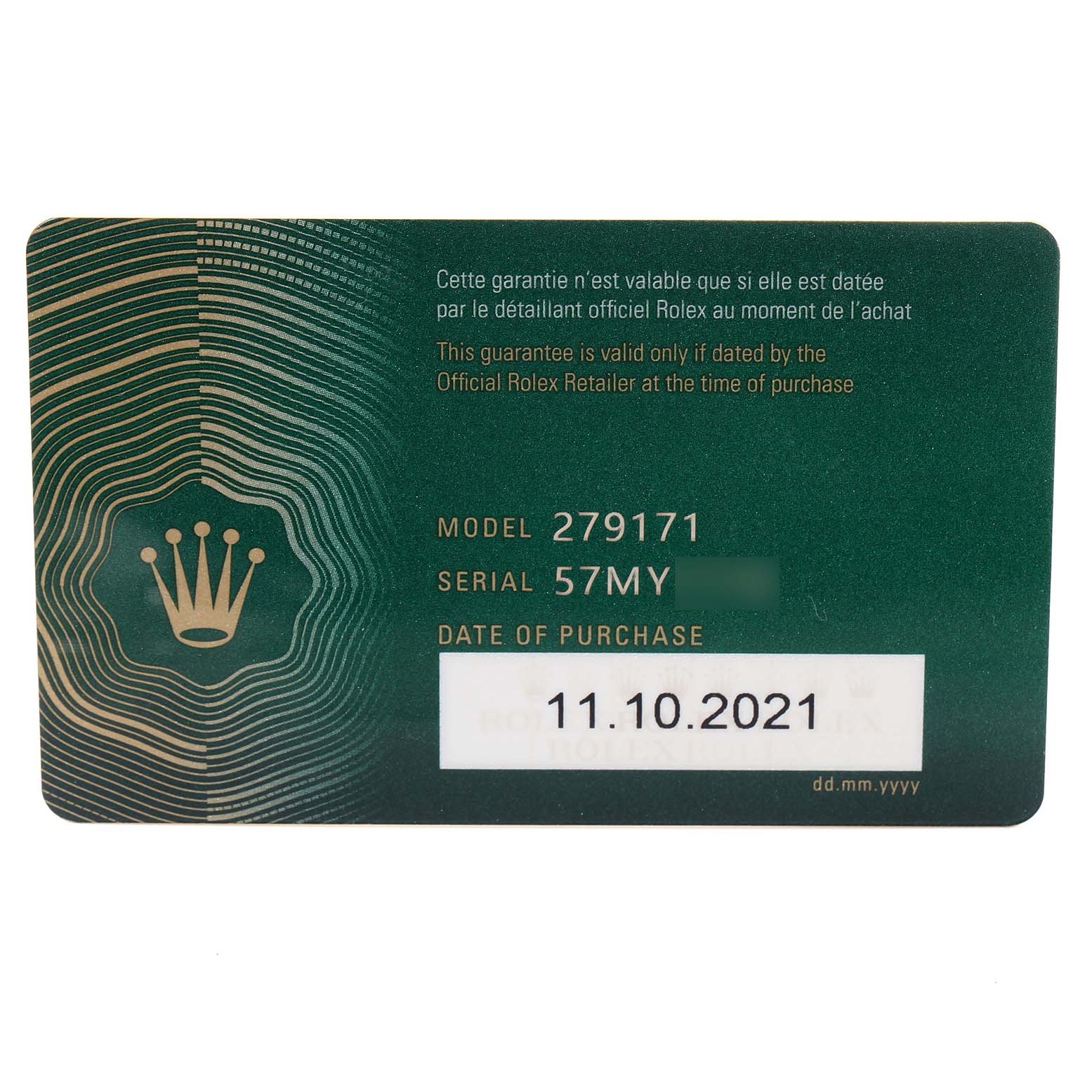 The image shows a Rolex Datejust 279171 Women's Steel and Gold (two tone) Pink Dial 279171 Women's Steel and Gold (two tone) Pink Dial warranty card with model and serial number information.