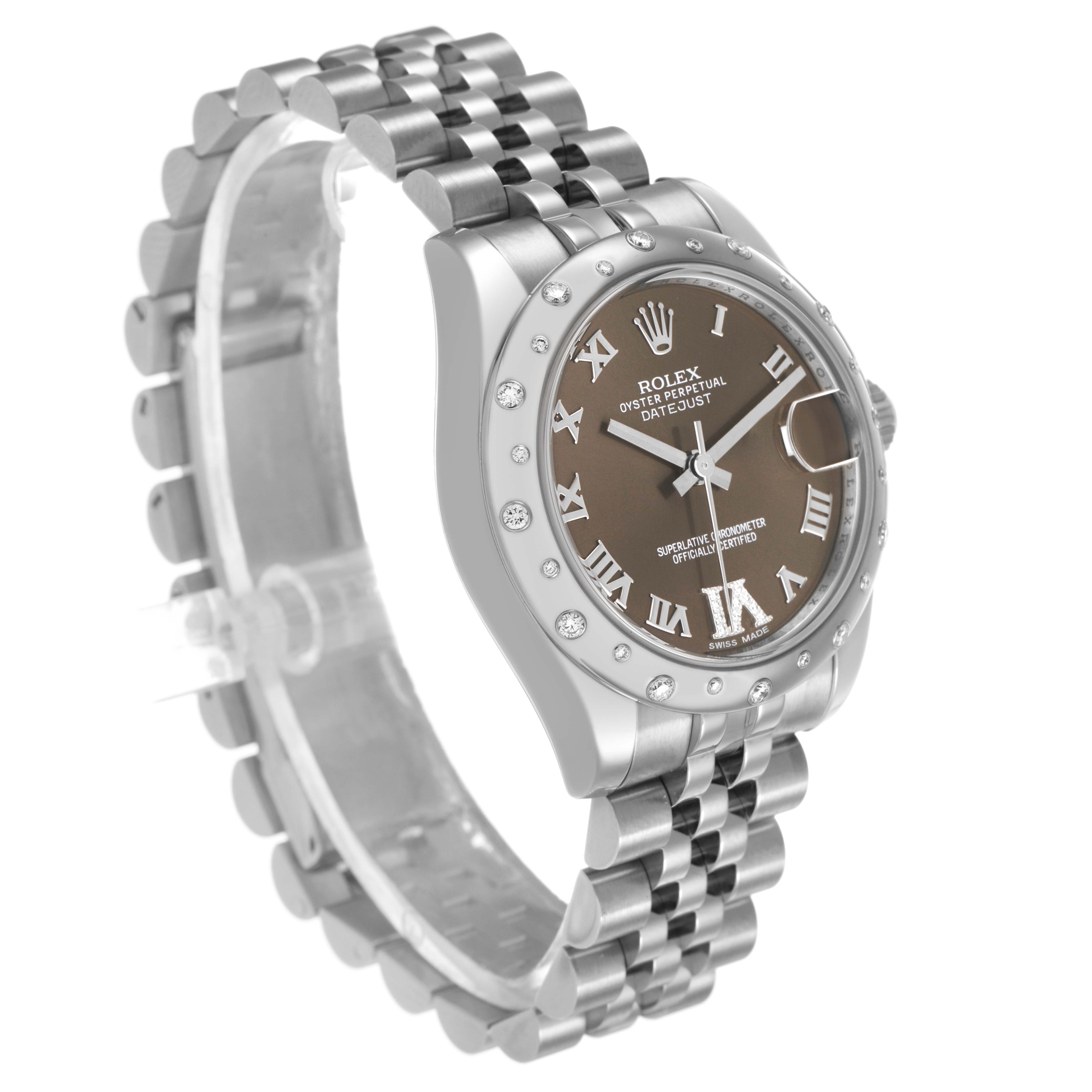 The Rolex Datejust 178344 Women's Stainless Steel Brown Dial watch is shown at a slight side angle, highlighting the case, bracelet, and bezel with Roman numeral markers.