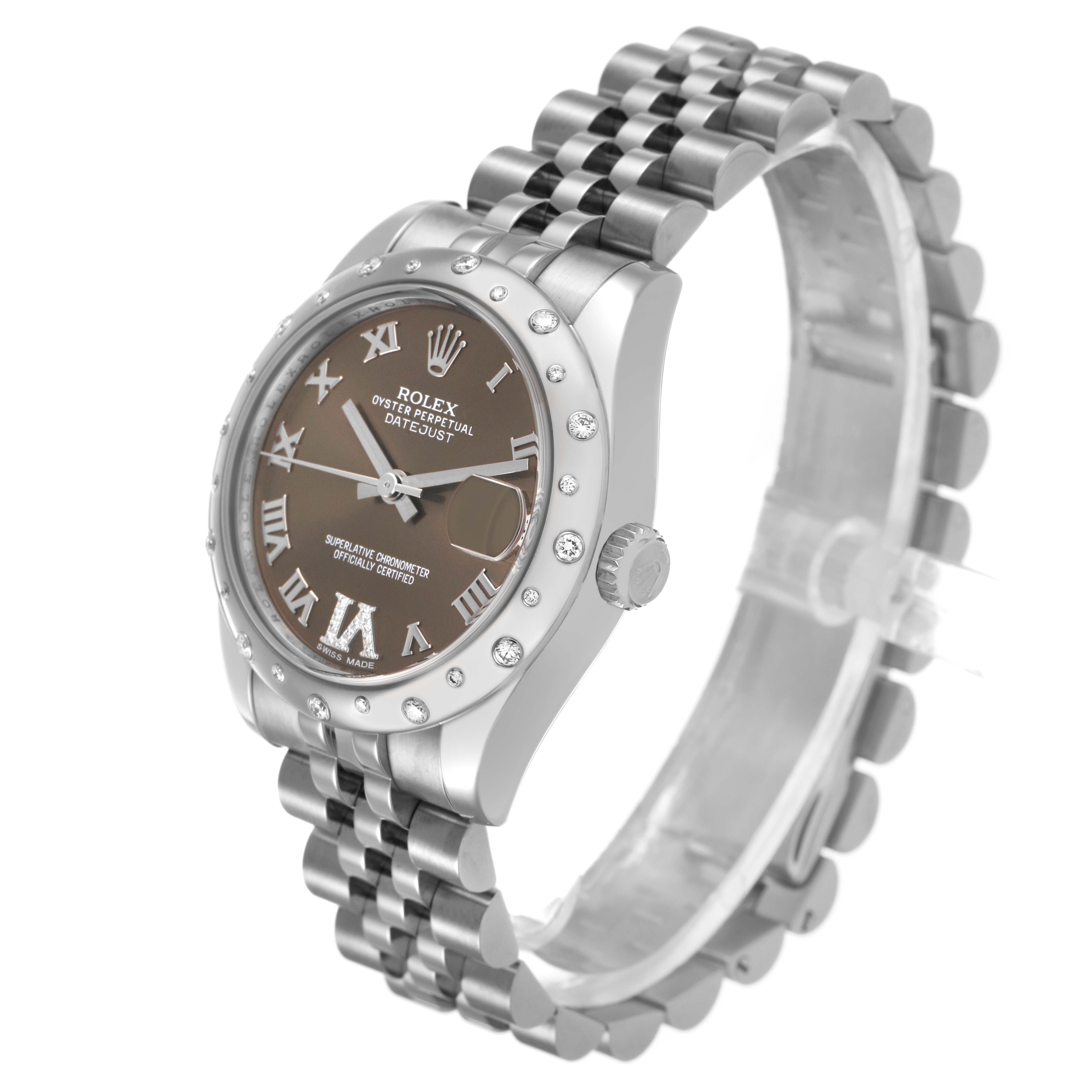 The Rolex Datejust 178344 Women's Stainless Steel Brown Dial watch is shown at a three-quarter angle, highlighting its dial, bezel, and bracelet.