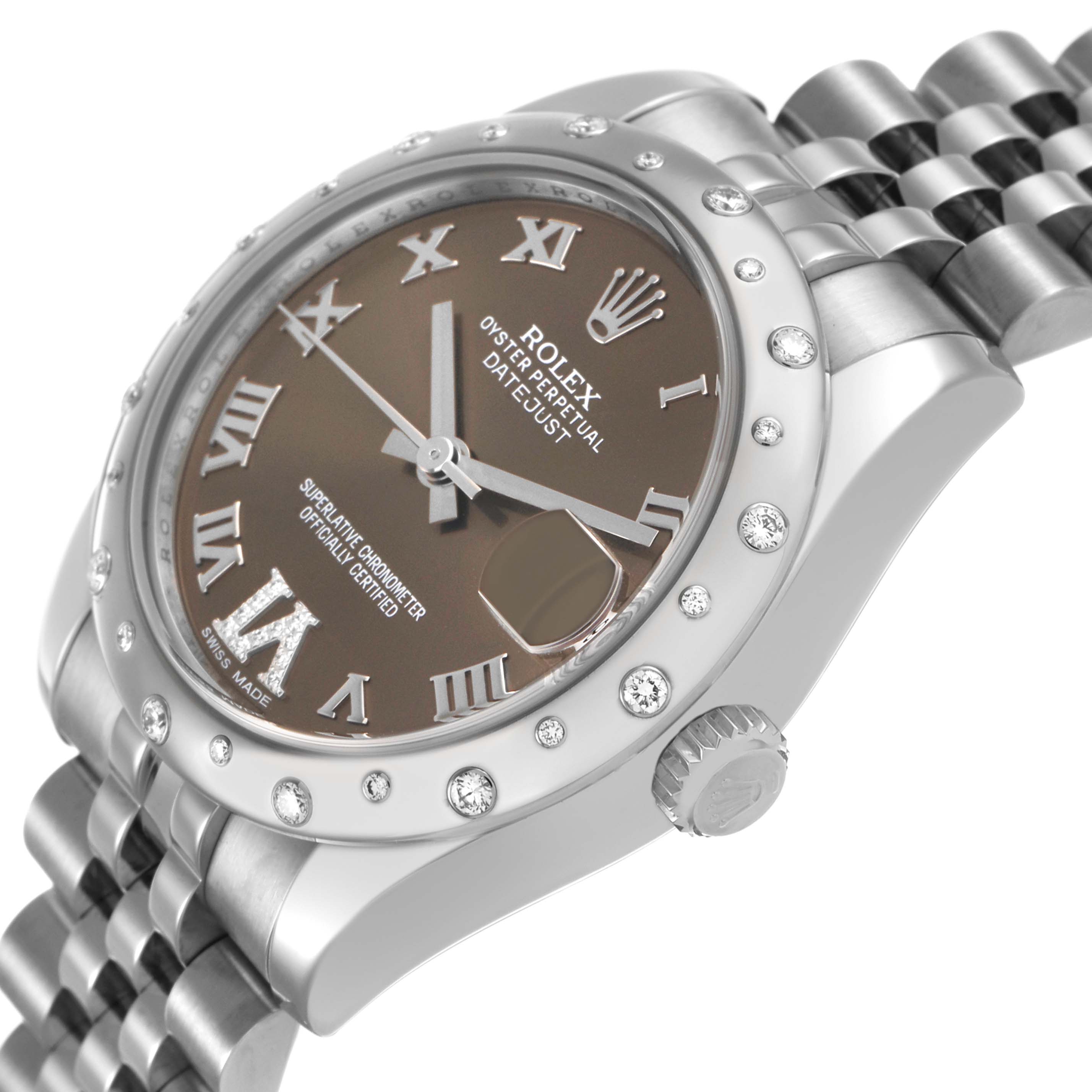 The image shows a Rolex Datejust 178344 Women's Stainless Steel Brown Dial watch at a slight angle, highlighting the brown dial, diamond bezel, and stainless steel bracelet.