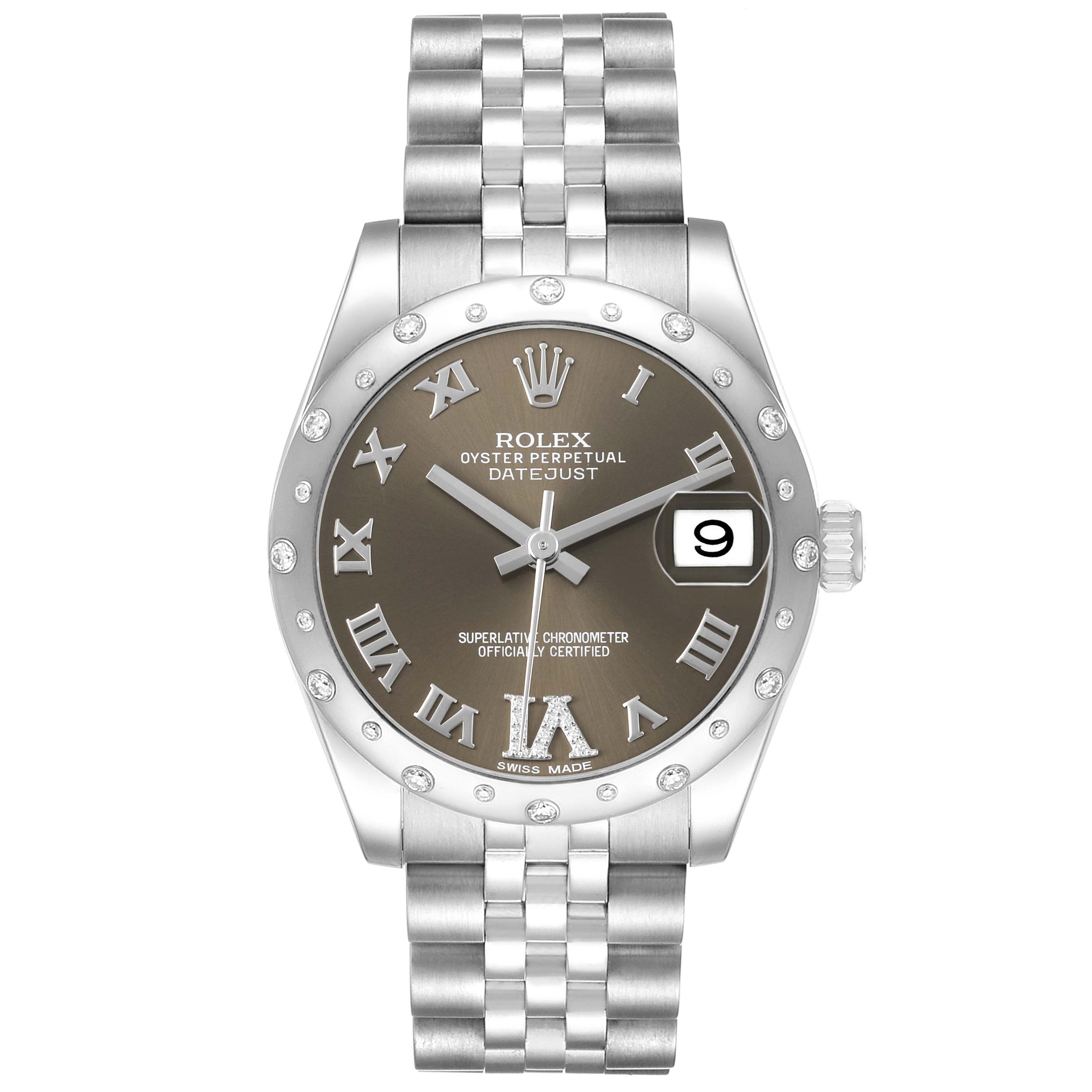 The Rolex Datejust 178344 Women's Stainless Steel Brown Dial watch is shown from a front view, highlighting the dial, bezel, and bracelet.