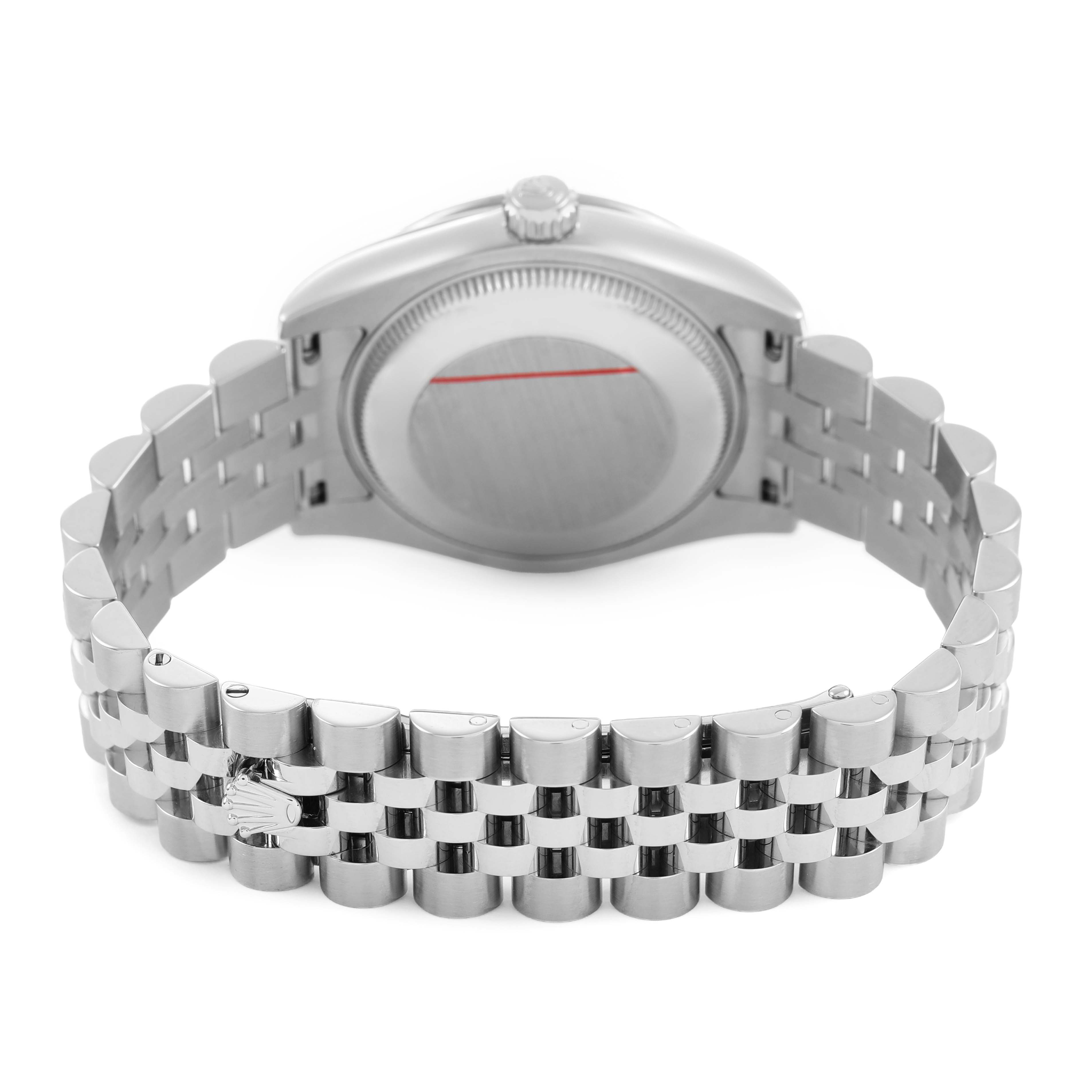 The image shows the back view of a Rolex Datejust 178344 Women's Stainless Steel Brown Dial, highlighting its stainless steel case and jubilee bracelet.