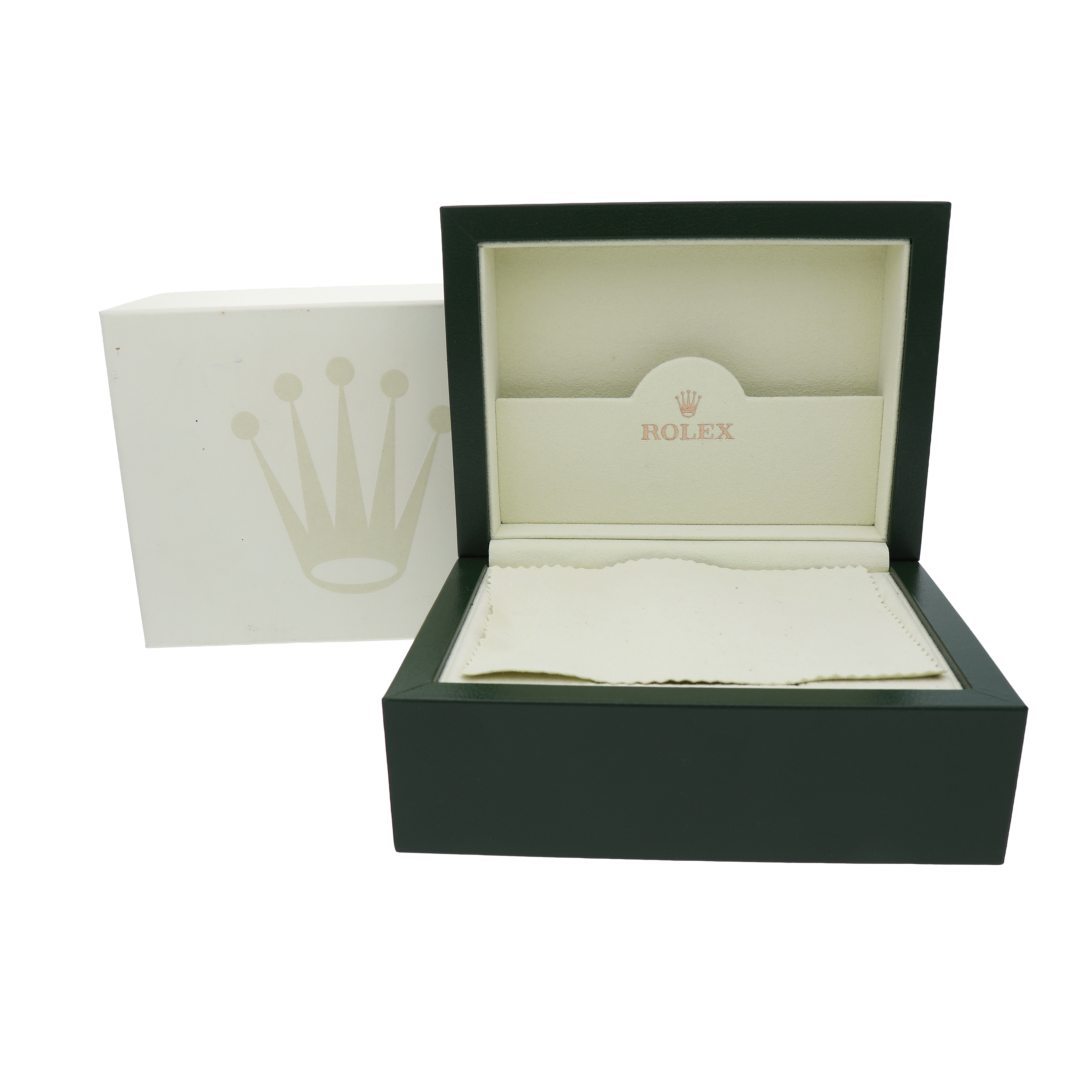 The image shows an open Rolex Datejust 178344 Women's Stainless Steel Brown Dial box with a cleaning cloth, viewed from the front.