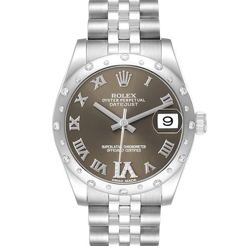 The image shows a front view of a Rolex Datejust 178344 Women's Stainless Steel Brown Dial, highlighting the dial, bezel, date window, and bracelet.
