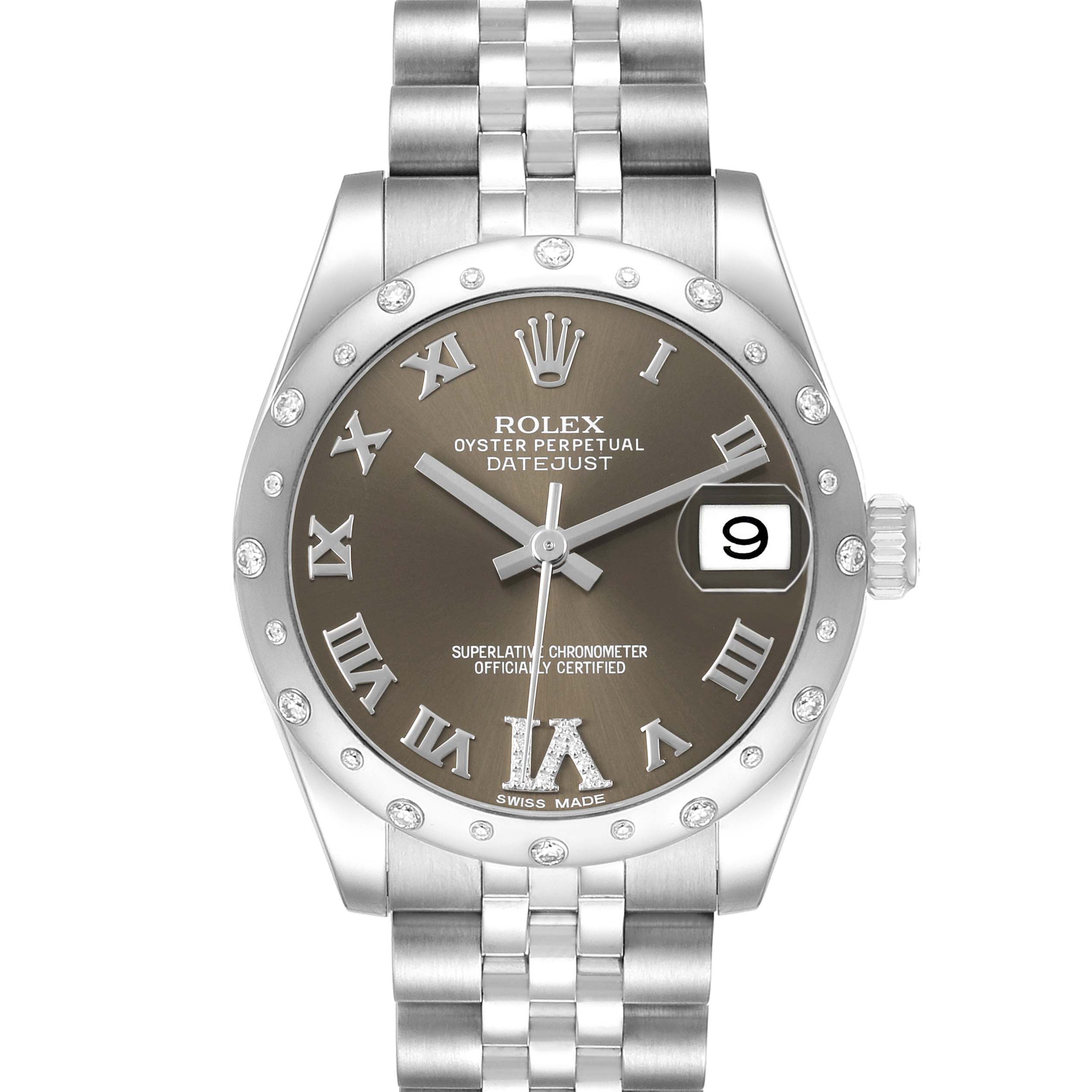 The Rolex Datejust 178344 Women's Stainless Steel Brown Dial watch is shown from the front, highlighting the dial, bezel, date window, and bracelet.