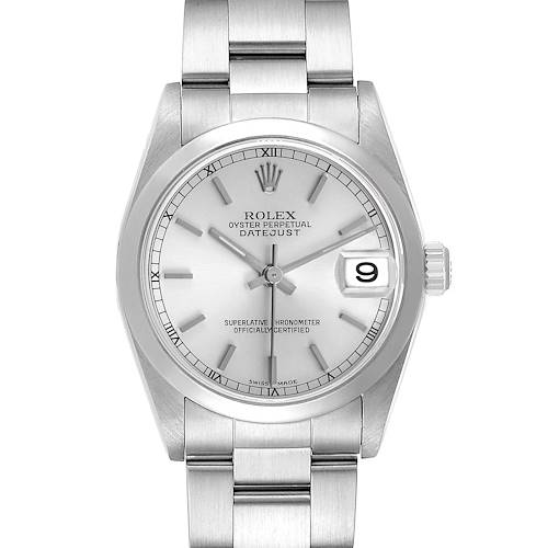 The Rolex Datejust 78240 Women's Stainless Steel Silver Dial watch is shown in a straight-on angle, displaying the dial, bezel, crown, and part of the bracelet.