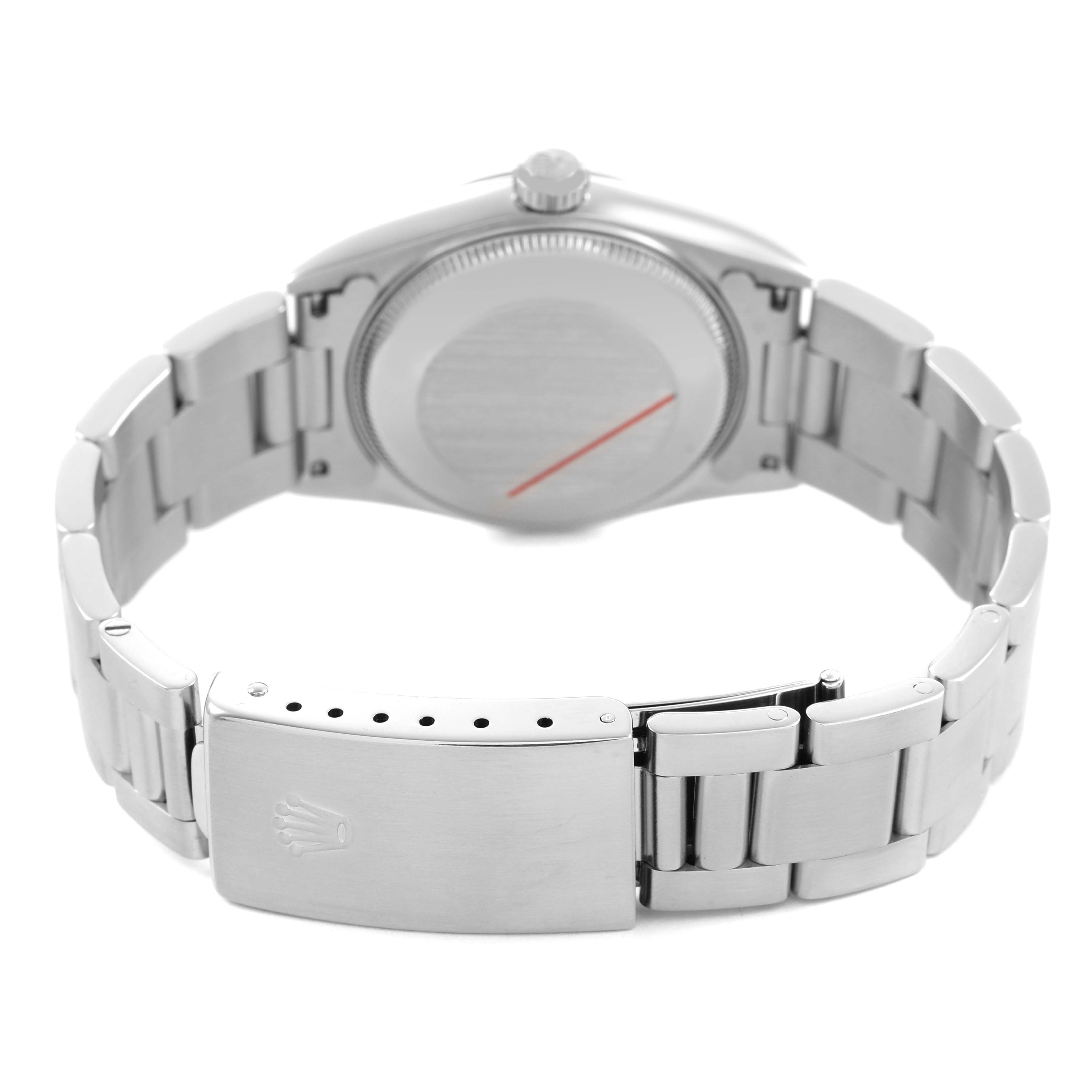 The image shows the back view of a Rolex Datejust 78240 Women's Stainless Steel Silver Dial watch, highlighting the bracelet and clasp with the crown logo.
