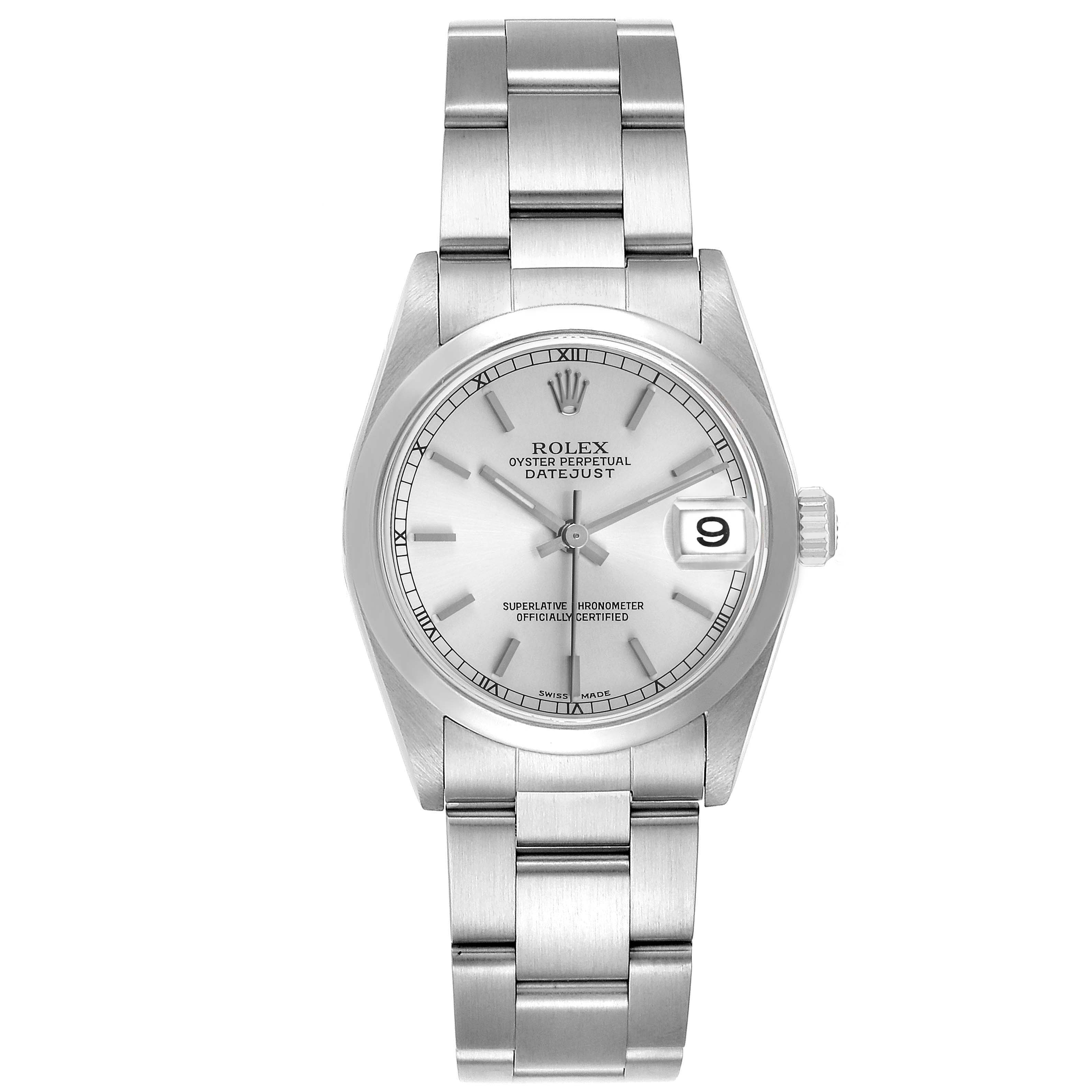 The Rolex Datejust 78240 Women's Stainless Steel Silver Dial watch is shown from the front, displaying the face, bezel, bracelet, and magnified date window.