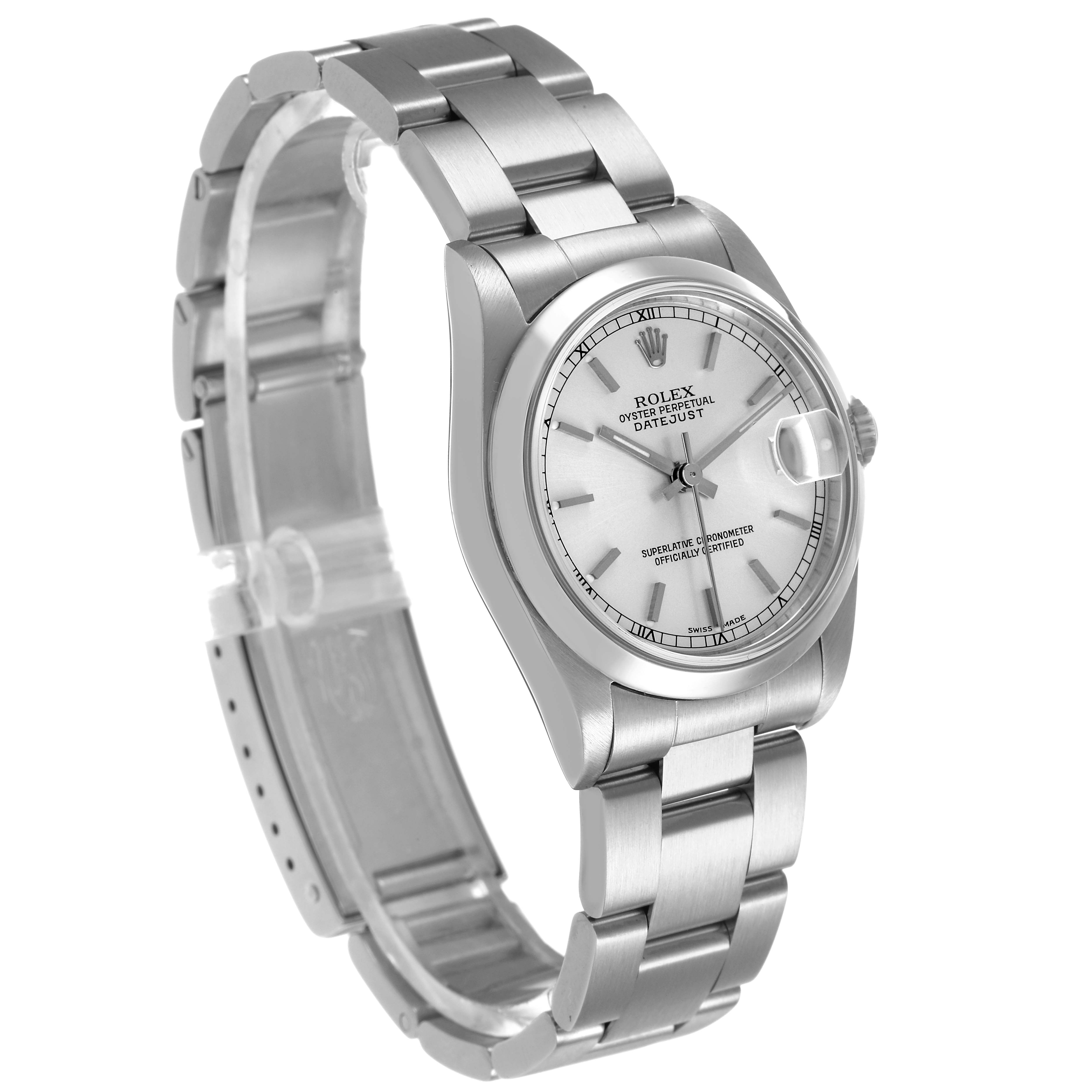 The Rolex Datejust 78240 Women's Stainless Steel Silver Dial watch is shown at an angled side view, highlighting the bracelet, case, and face with its dial details.