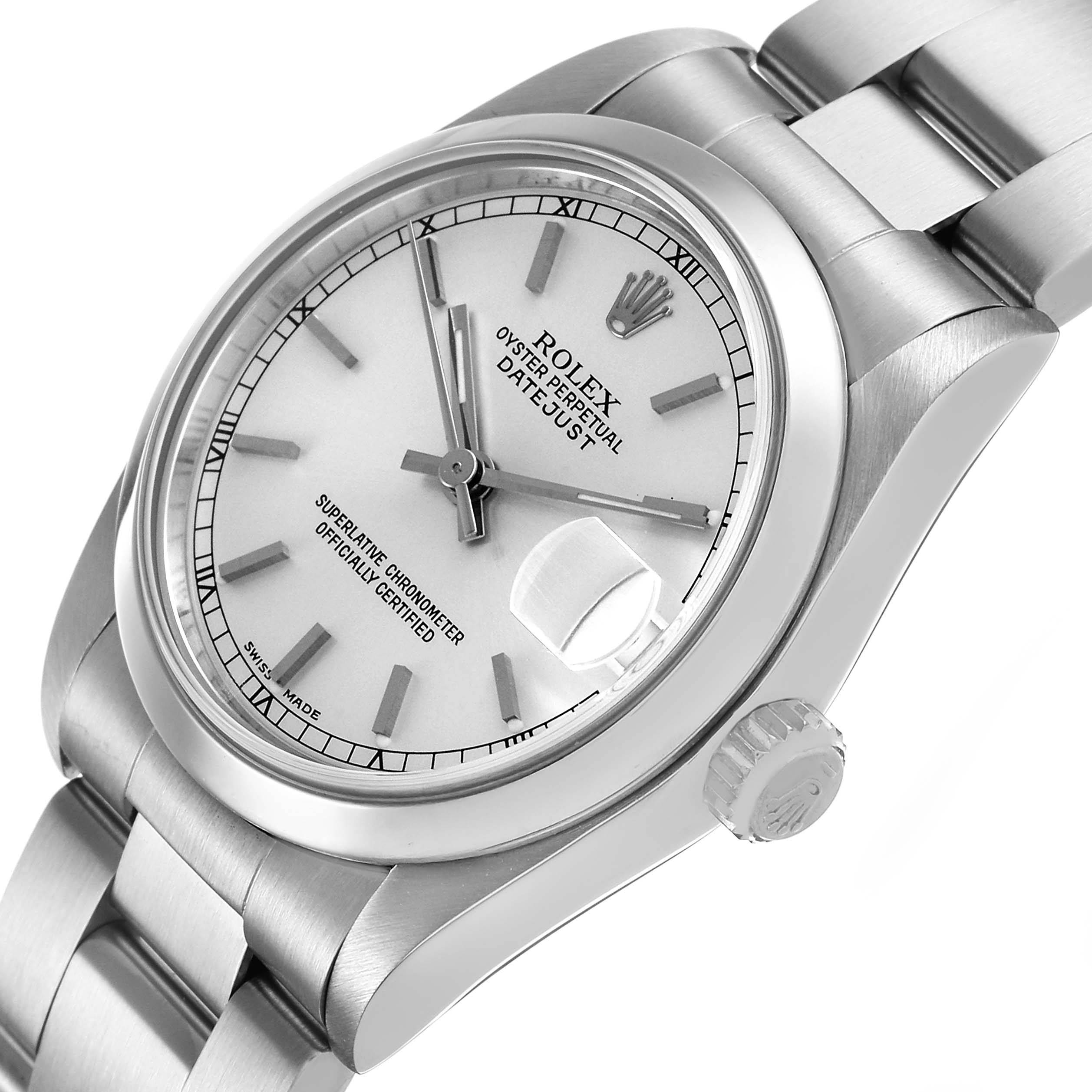 The Rolex Datejust 78240 Women's Stainless Steel Silver Dial watch is shown from a tilted angle highlighting the dial, bezel, bracelet, and crown.