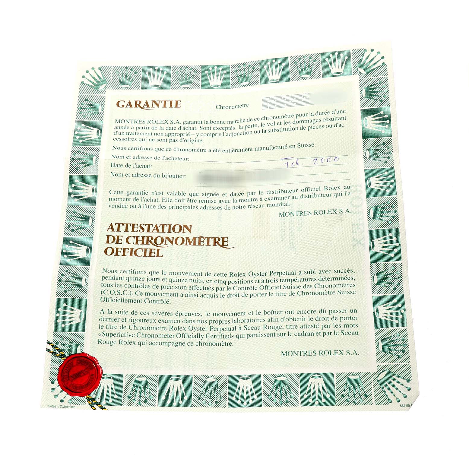 The image shows an official warranty certificate for a Rolex Datejust 78240 Women's Stainless Steel Silver Dial, featuring text and a red seal.