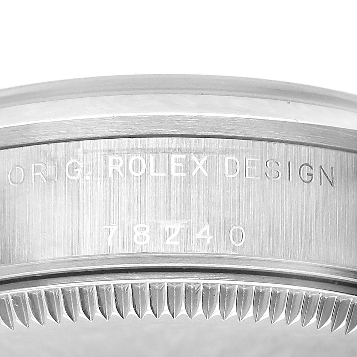 The image shows the side of the Rolex Datejust 78240 Women's Stainless Steel Silver Dial watch case with visible engraved model numbers.