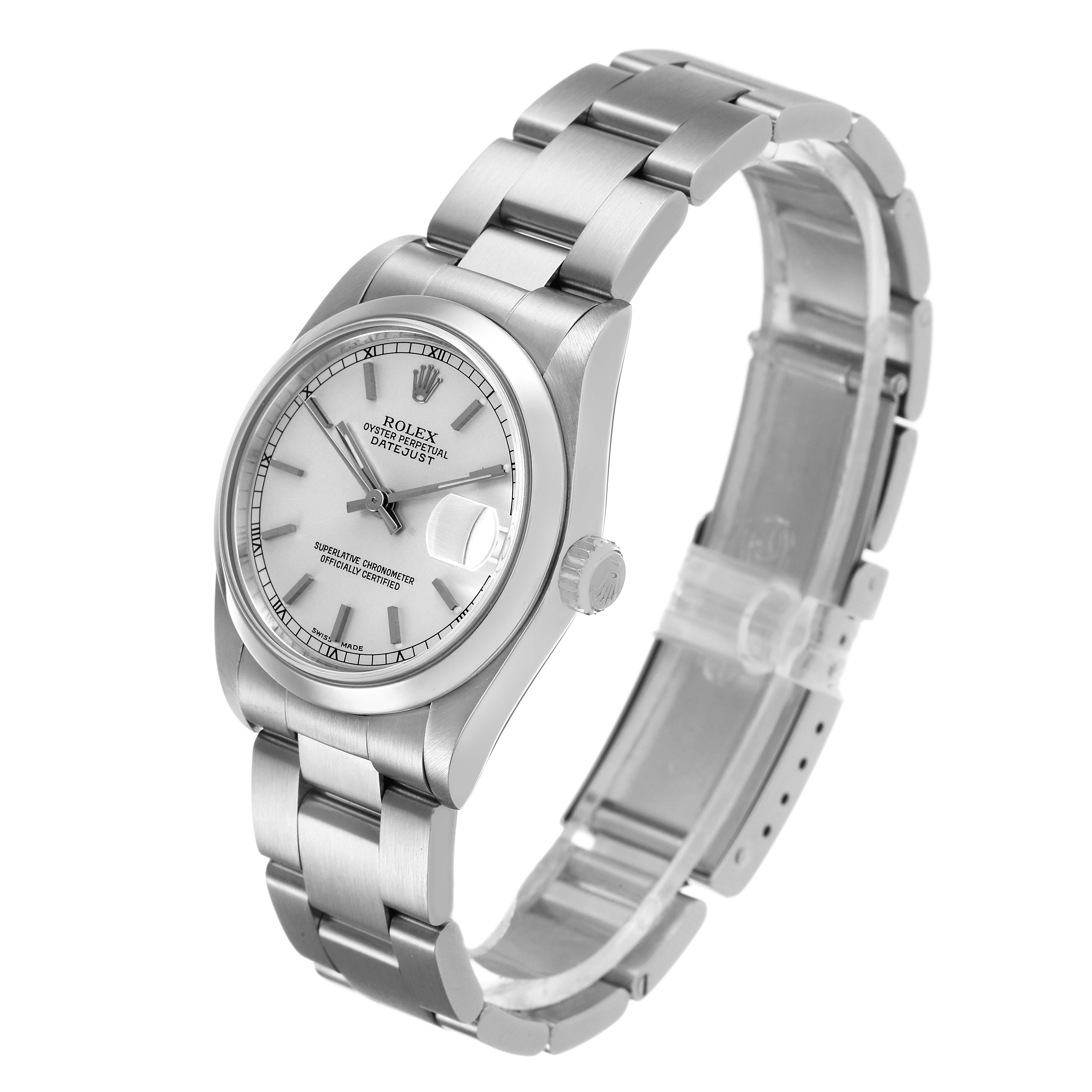 The Rolex Datejust 78240 Women's Stainless Steel Silver Dial watch is shown at a three-quarter angle, displaying its face, bezel, crown, and bracelet.