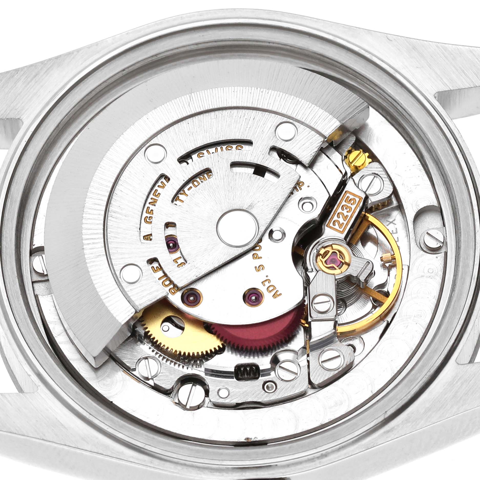 The image shows a top-down view of the Rolex Datejust 78240 Women's Stainless Steel Silver Dial watch's movement, highlighting its intricate mechanisms.