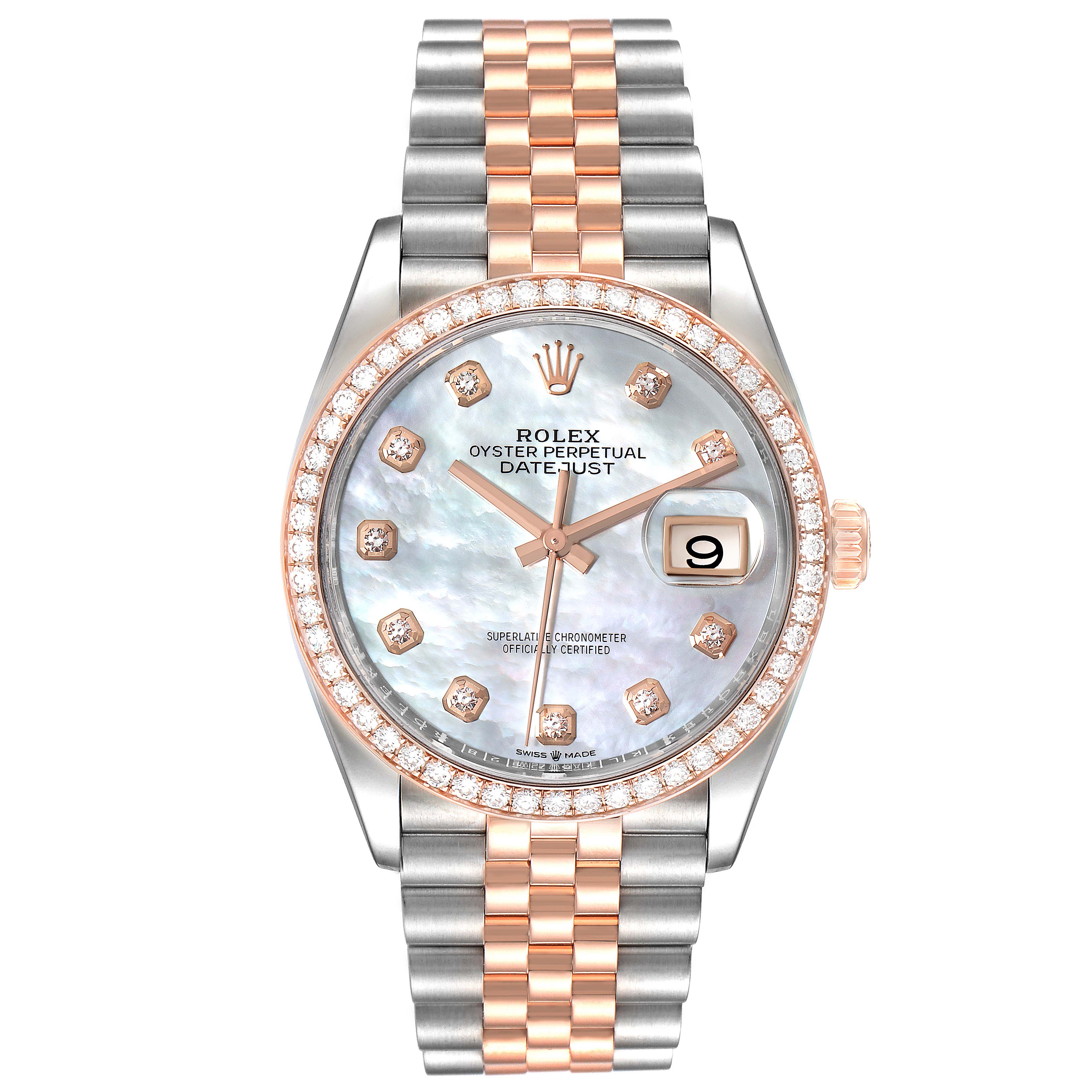 This image shows a frontal view of a Rolex Datejust 126281 Men
s Steel and Gold (two tone) Mother of Pearl Dial 126281 Men
s Steel and Gold (two tone) Mother of Pearl Dial watch, highlighting its dial, bezel, date window, and two-tone bracelet.