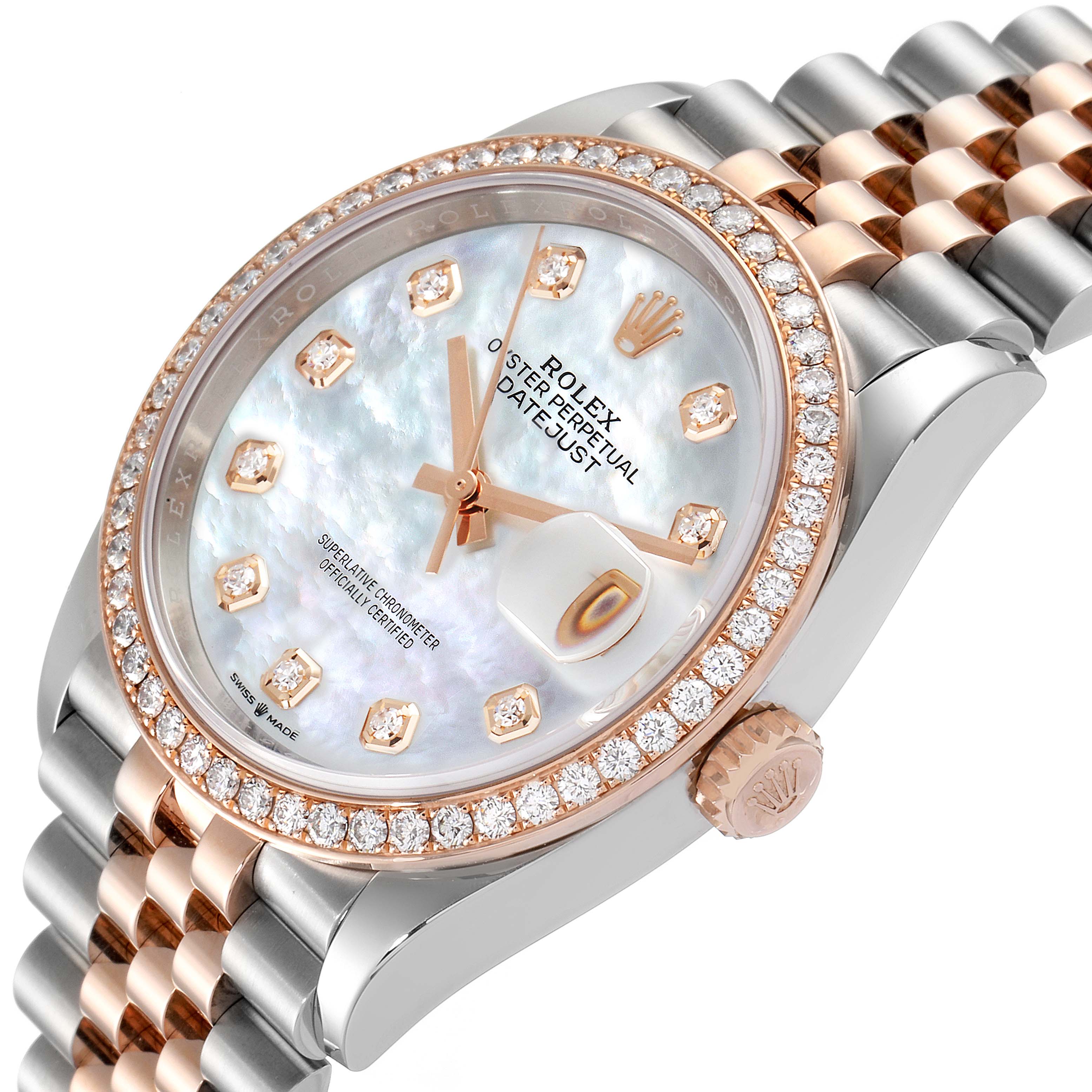 This image shows a Rolex Datejust 126281 Men
s Steel and Gold (two tone) Mother of Pearl Dial 126281 Men
s Steel and Gold (two tone) Mother of Pearl Dial watch at an angled close-up, highlighting the face, bezel, crown, and part of the bracelet.