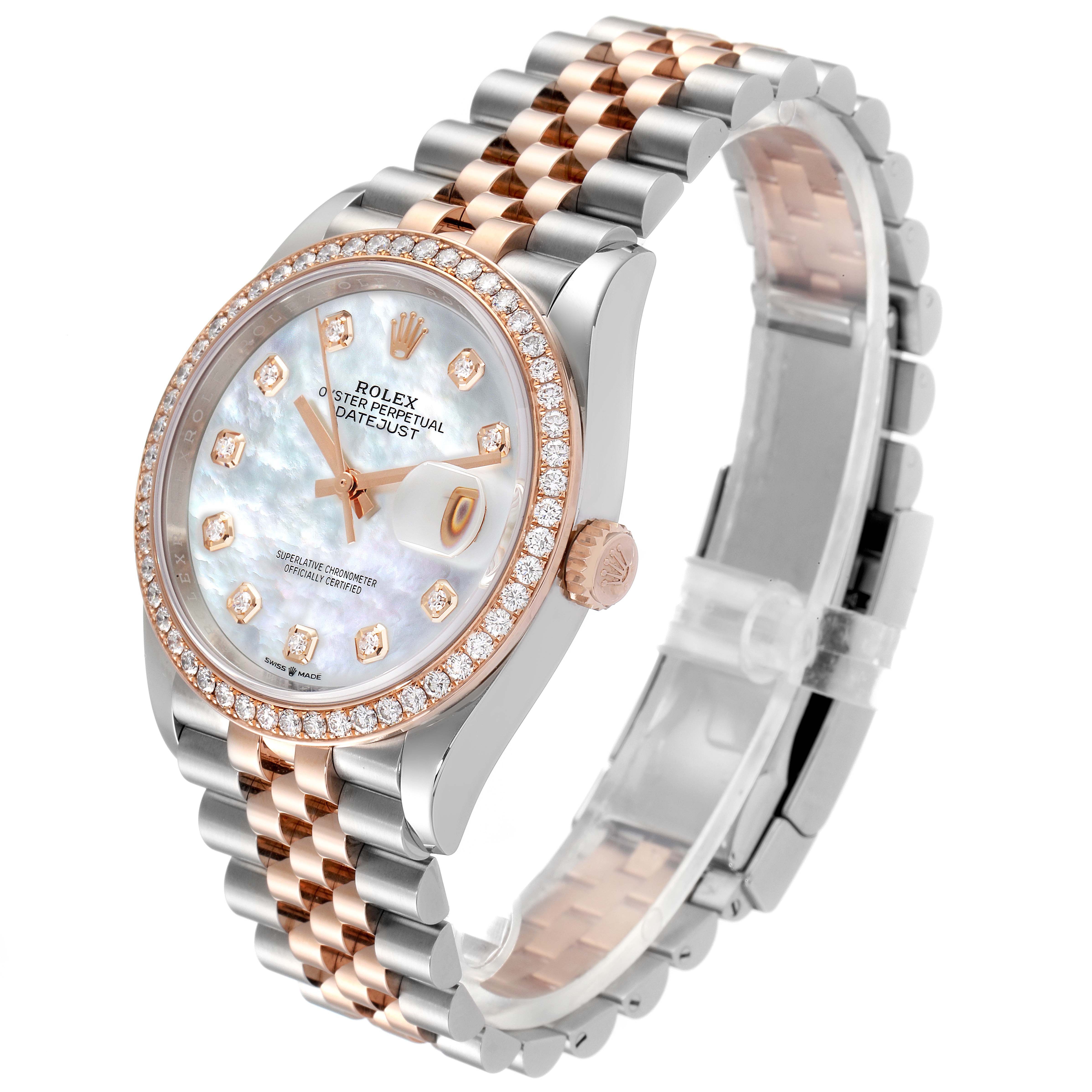 This image shows a Rolex Datejust 126281 Men
s Steel and Gold (two tone) Mother of Pearl Dial 126281 Men
s Steel and Gold (two tone) Mother of Pearl Dial watch at a three-quarter angle, displaying the face, bezel, and bracelet clearly.