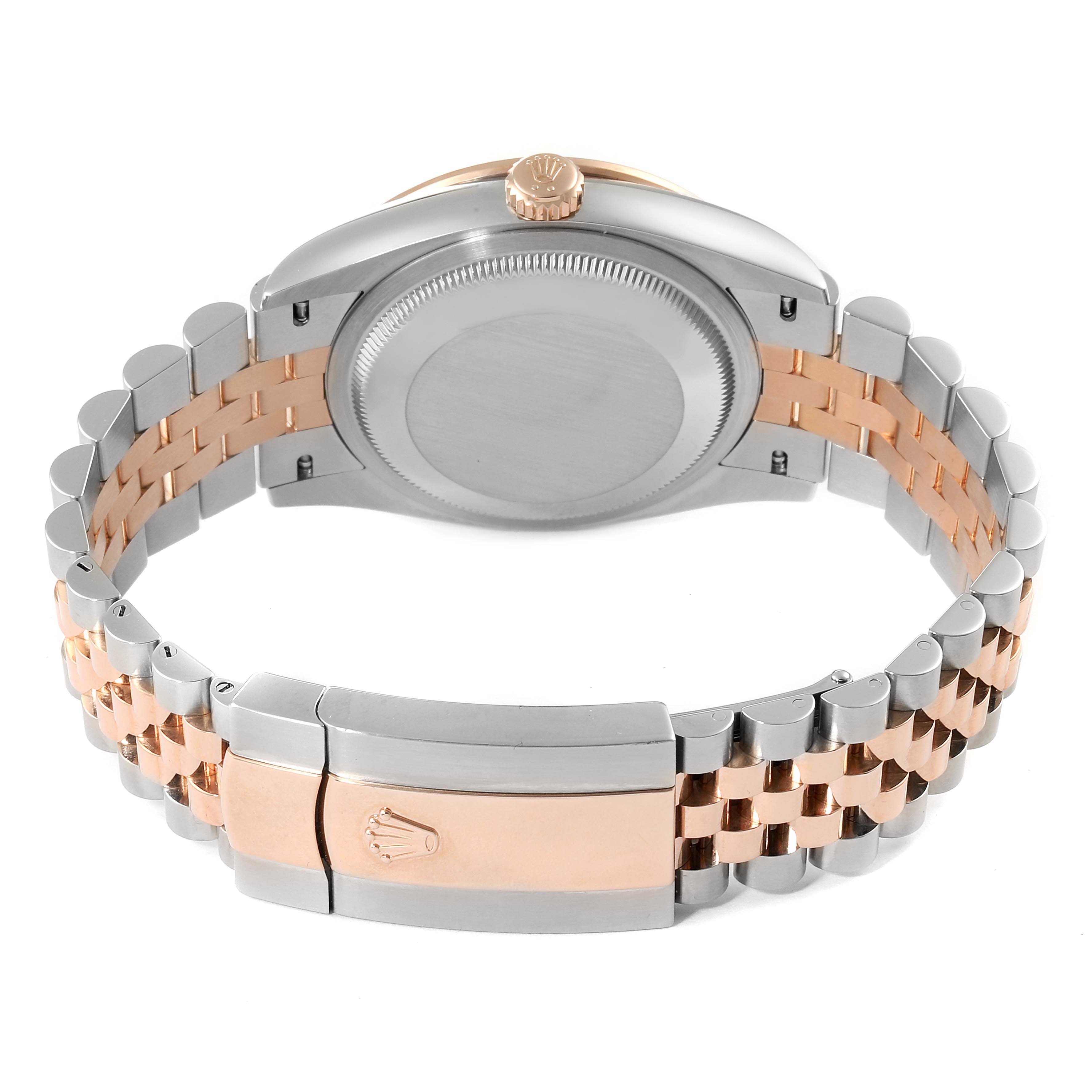 The image shows the back and clasp of a Rolex Datejust 126281 Men
s Steel and Gold (two tone) Mother of Pearl Dial 126281 Men
s Steel and Gold (two tone) Mother of Pearl Dial watch, highlighting its two-tone metal bracelet.