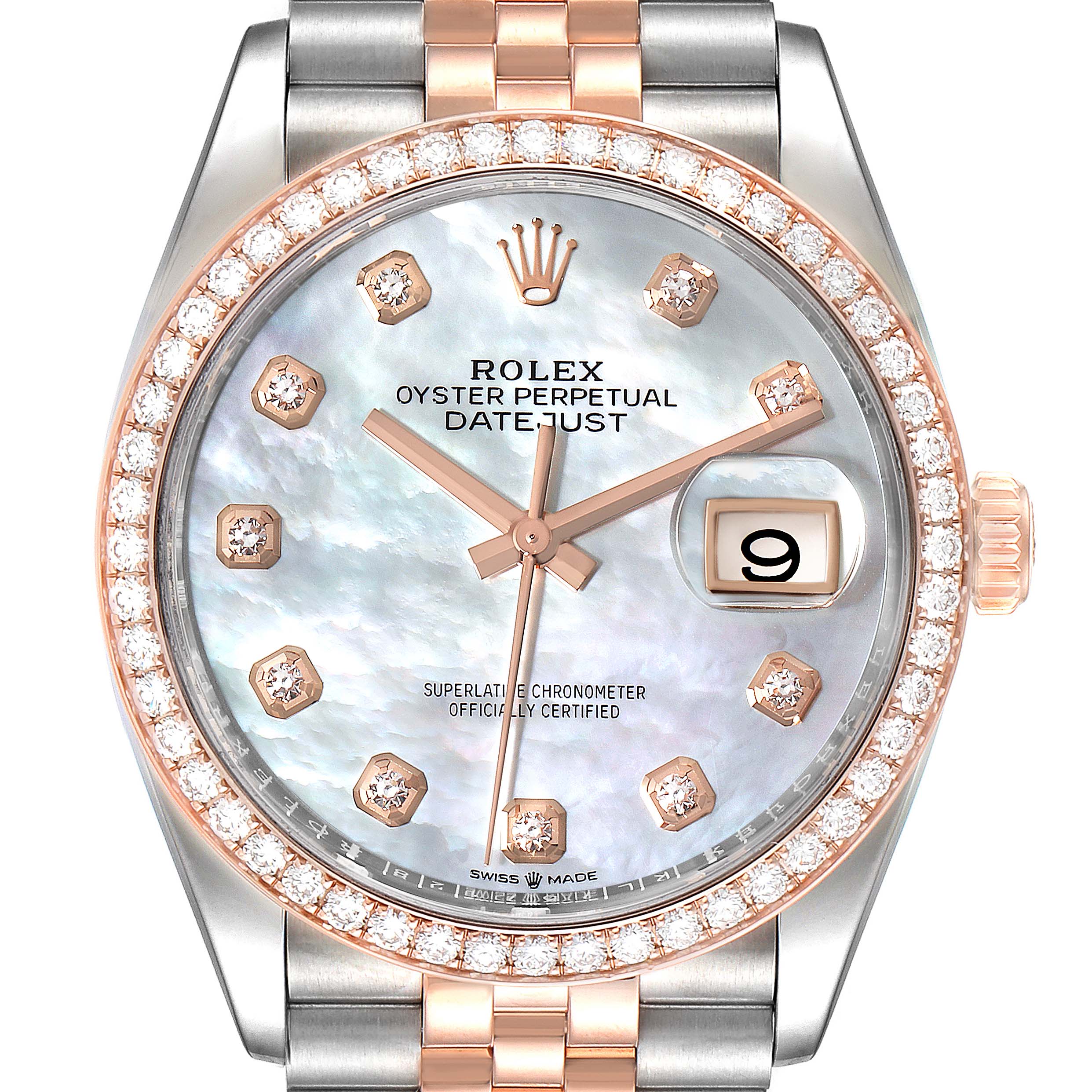 This image shows a front close-up of a Rolex Datejust 126281 Men
s Steel and Gold (two tone) Mother of Pearl Dial 126281 Men
s Steel and Gold (two tone) Mother of Pearl Dial watch face with a diamond bezel and two-tone bracelet.