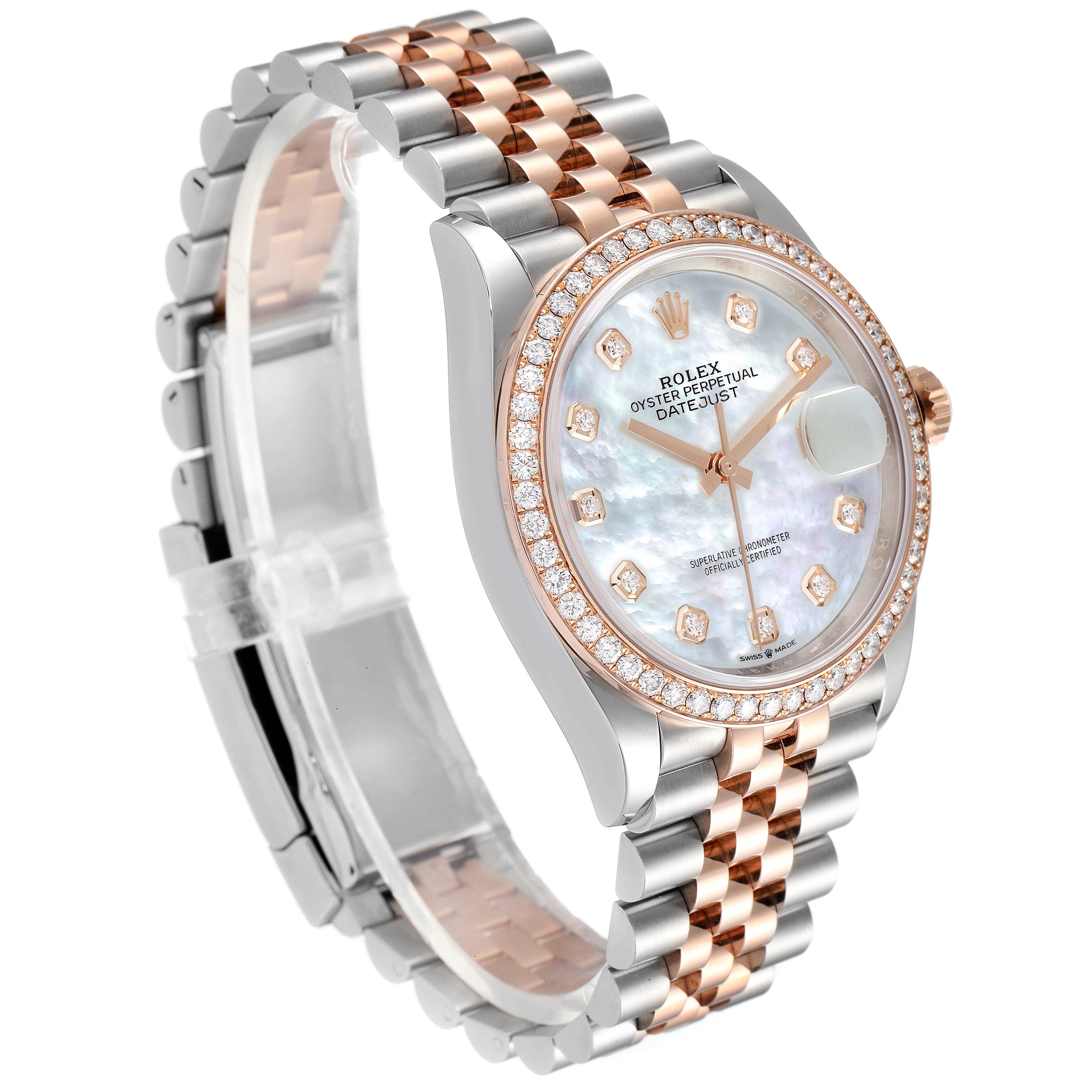 This Rolex Datejust 126281 Men
s Steel and Gold (two tone) Mother of Pearl Dial 126281 Men
s Steel and Gold (two tone) Mother of Pearl Dial watch is shown from a three-quarter angle with a close-up of the dial, bezel, and bracelet.