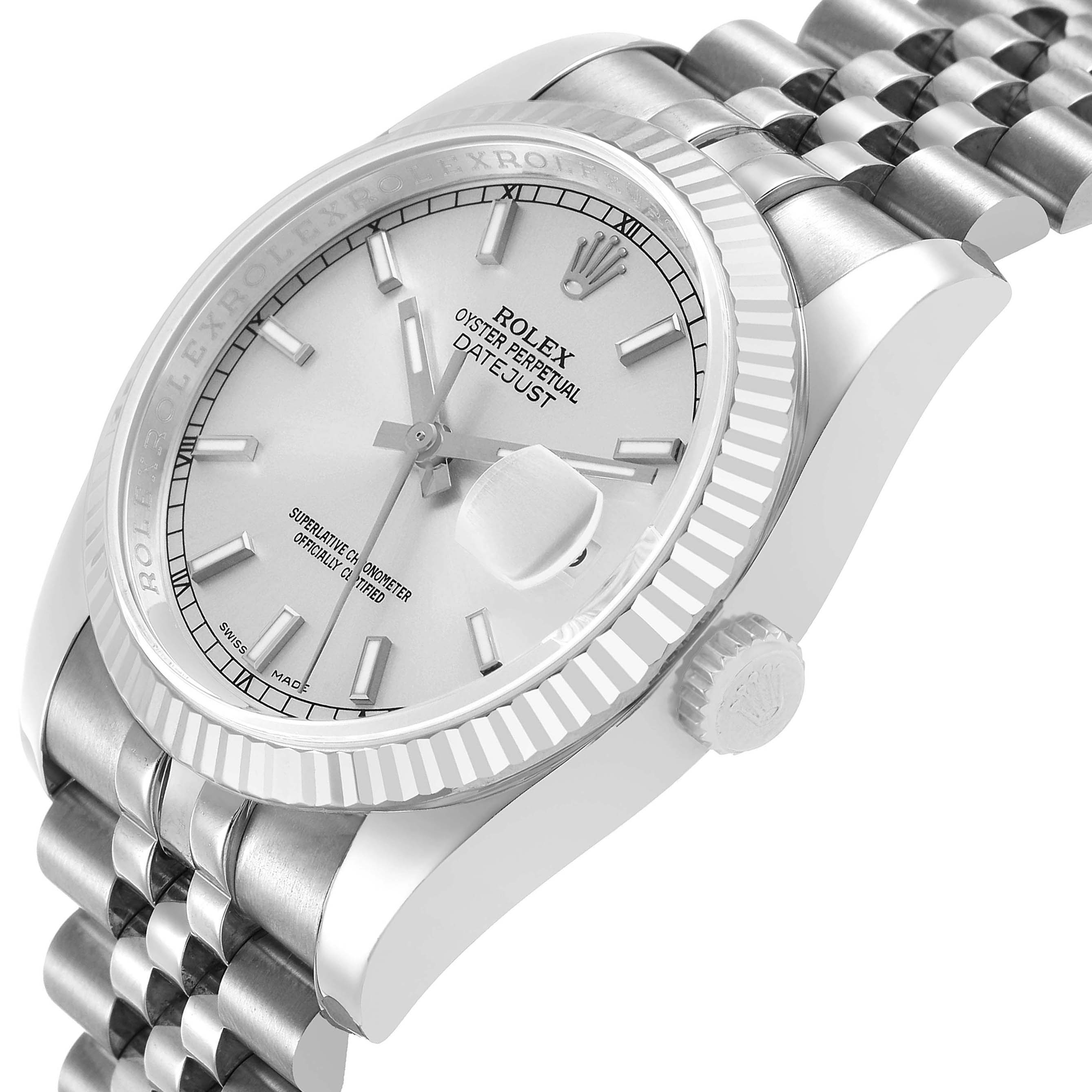 The image shows a Rolex Datejust 116234 Men's Stainless Steel Silver Dial watch at an angled view, highlighting the dial, fluted bezel, crown, and bracelet.