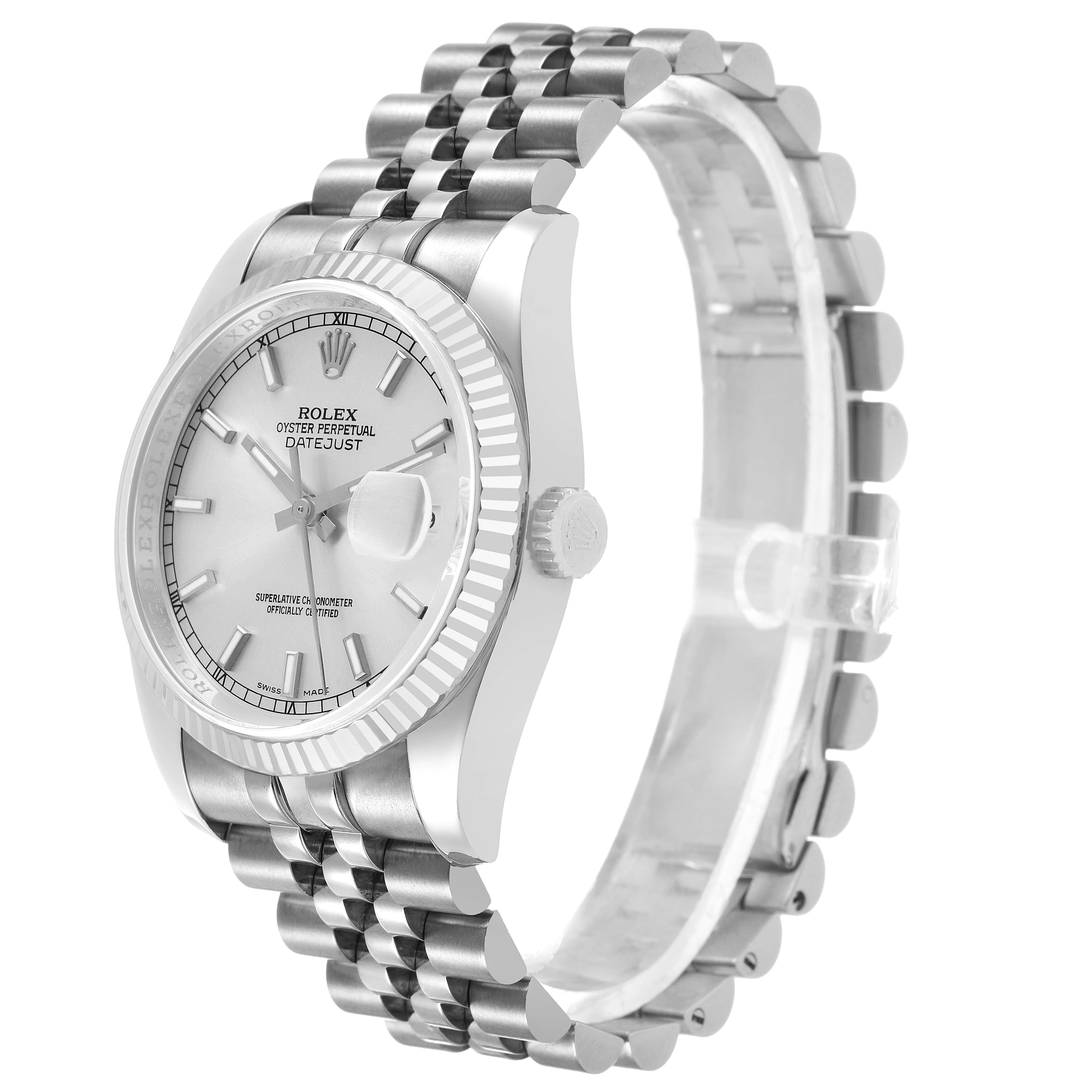 The image shows a side view of the Rolex Datejust 116234 Men's Stainless Steel Silver Dial watch, highlighting the silver bracelet, fluted bezel, and side crown.