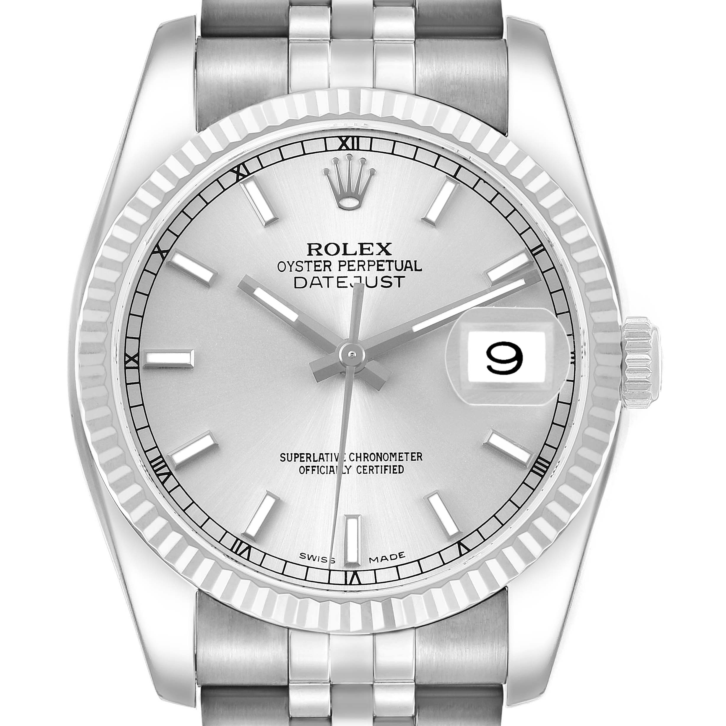 The Rolex Datejust 116234 Men's Stainless Steel Silver Dial watch is shown from a top-down angle, displaying the face, bezel, hands, and part of the bracelet.