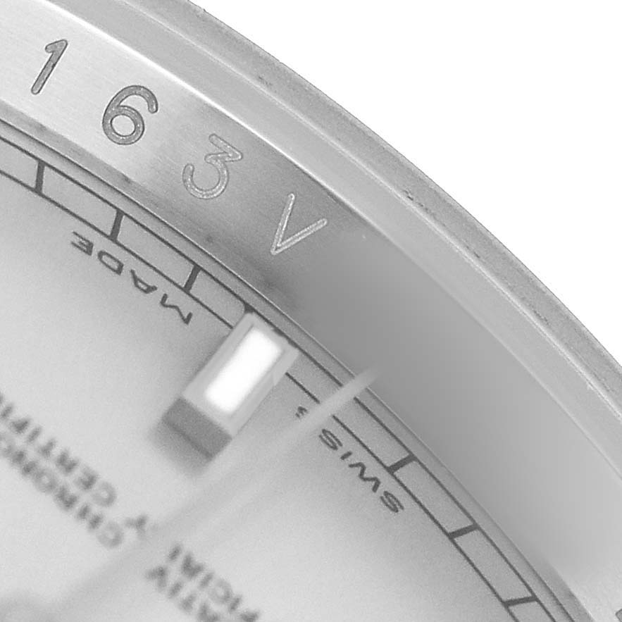 The image shows a close-up of the dial, indices, and bezel of a Rolex Datejust 116234 Men's Stainless Steel Silver Dial watch.