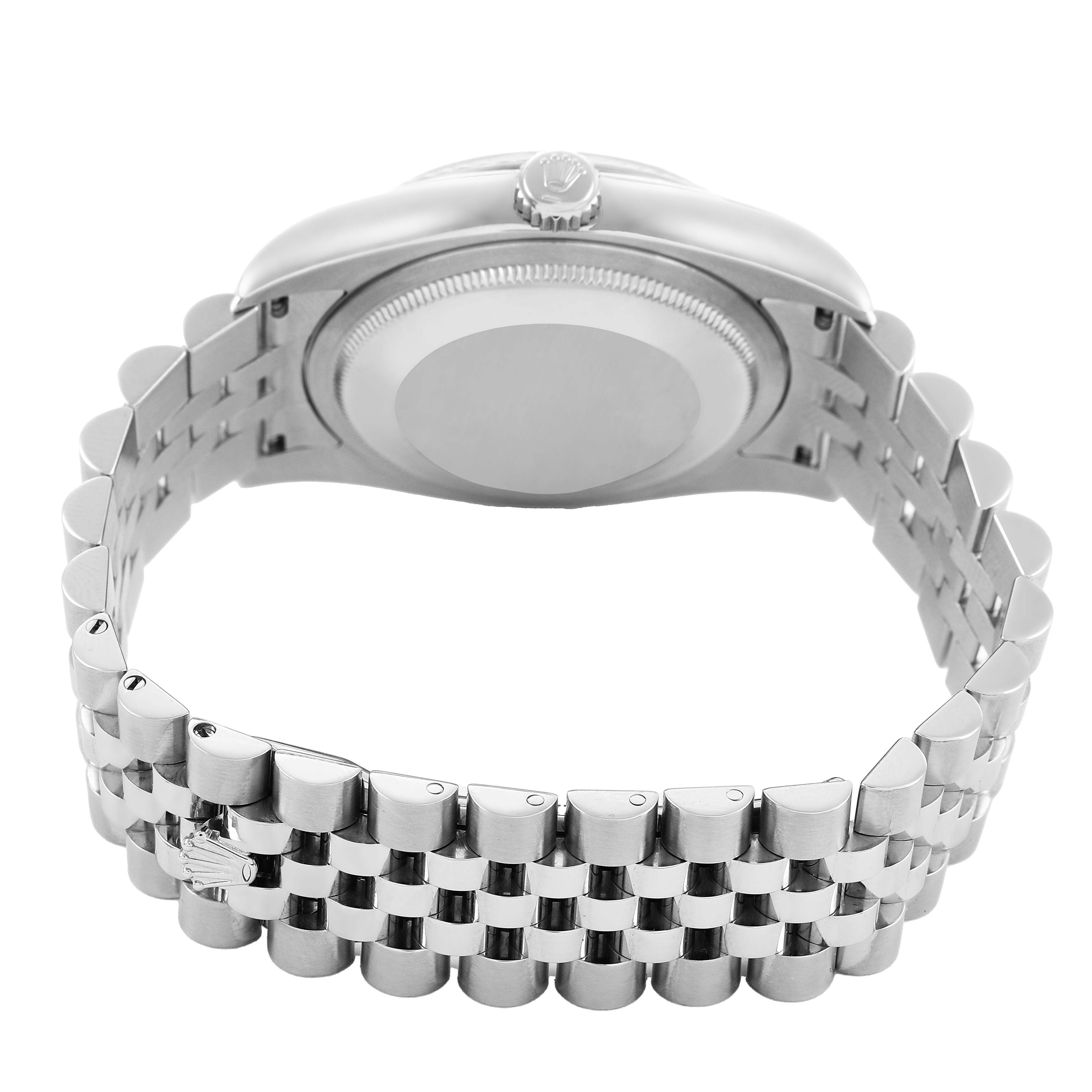 The image shows a Rolex Datejust 116234 Men's Stainless Steel Silver Dial watch from a rear angle, highlighting its case back, crown, and Jubilee bracelet.