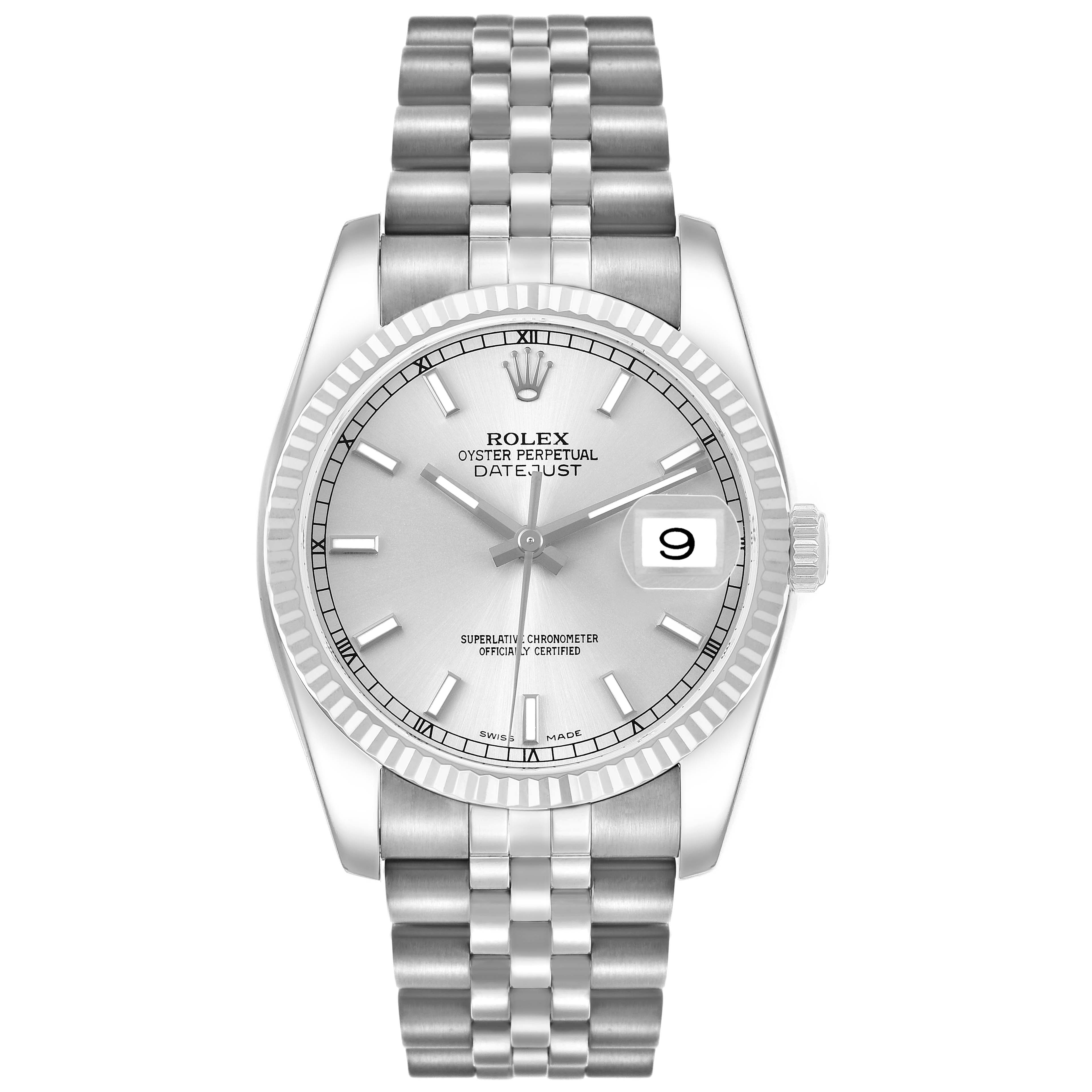 The Rolex Datejust 116234 Men's Stainless Steel Silver Dial watch is shown from a front angle, highlighting its dial, fluted bezel, and Jubilee bracelet.