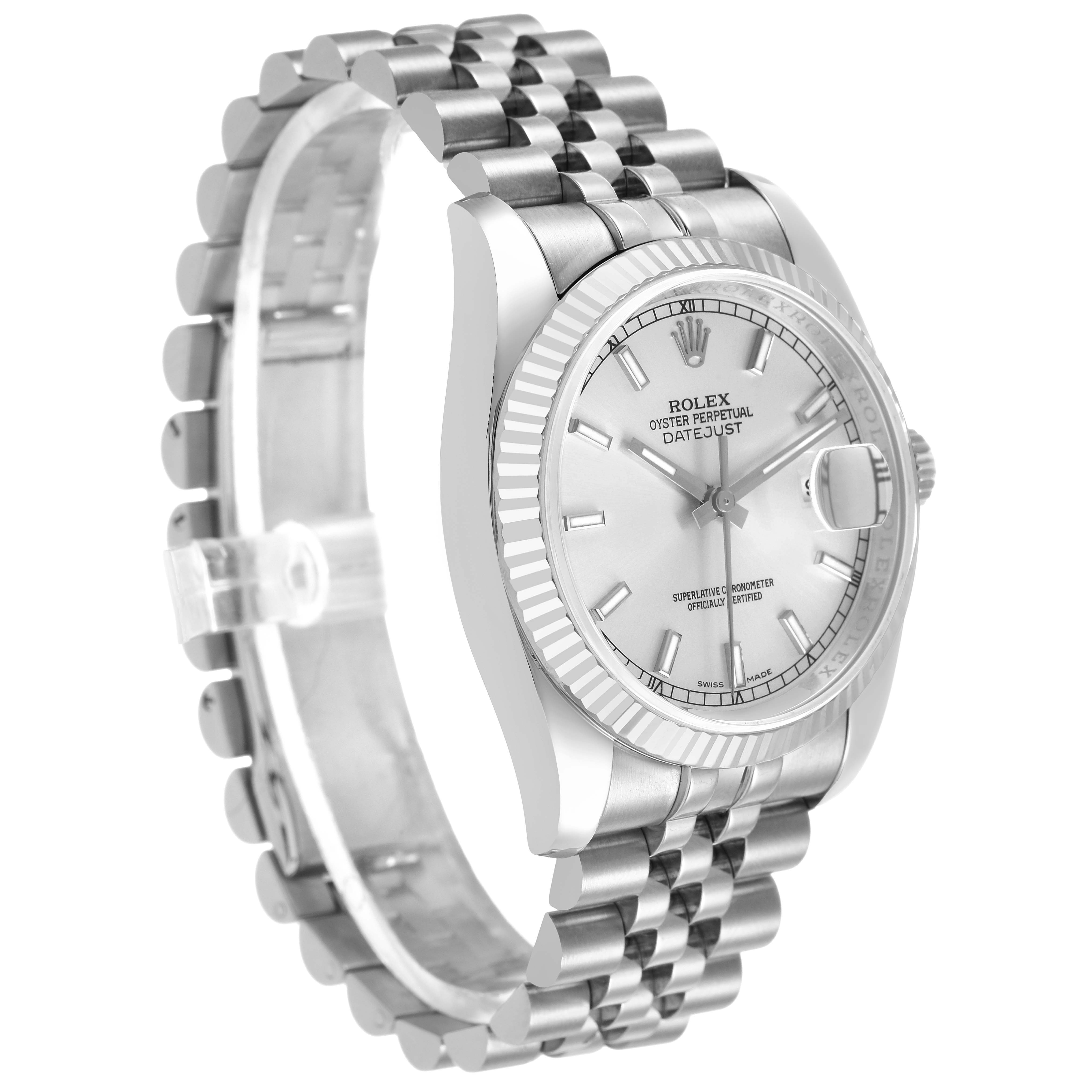 The Rolex Datejust 116234 Men's Stainless Steel Silver Dial watch is shown at a three-quarter angle, highlighting the face, bezel, and Jubilee bracelet.