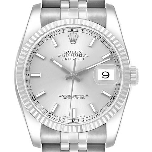 The Rolex Datejust 116234 Men's Stainless Steel Silver Dial watch is shown from a front angle, highlighting its dial, bezel, crown, and bracelet.