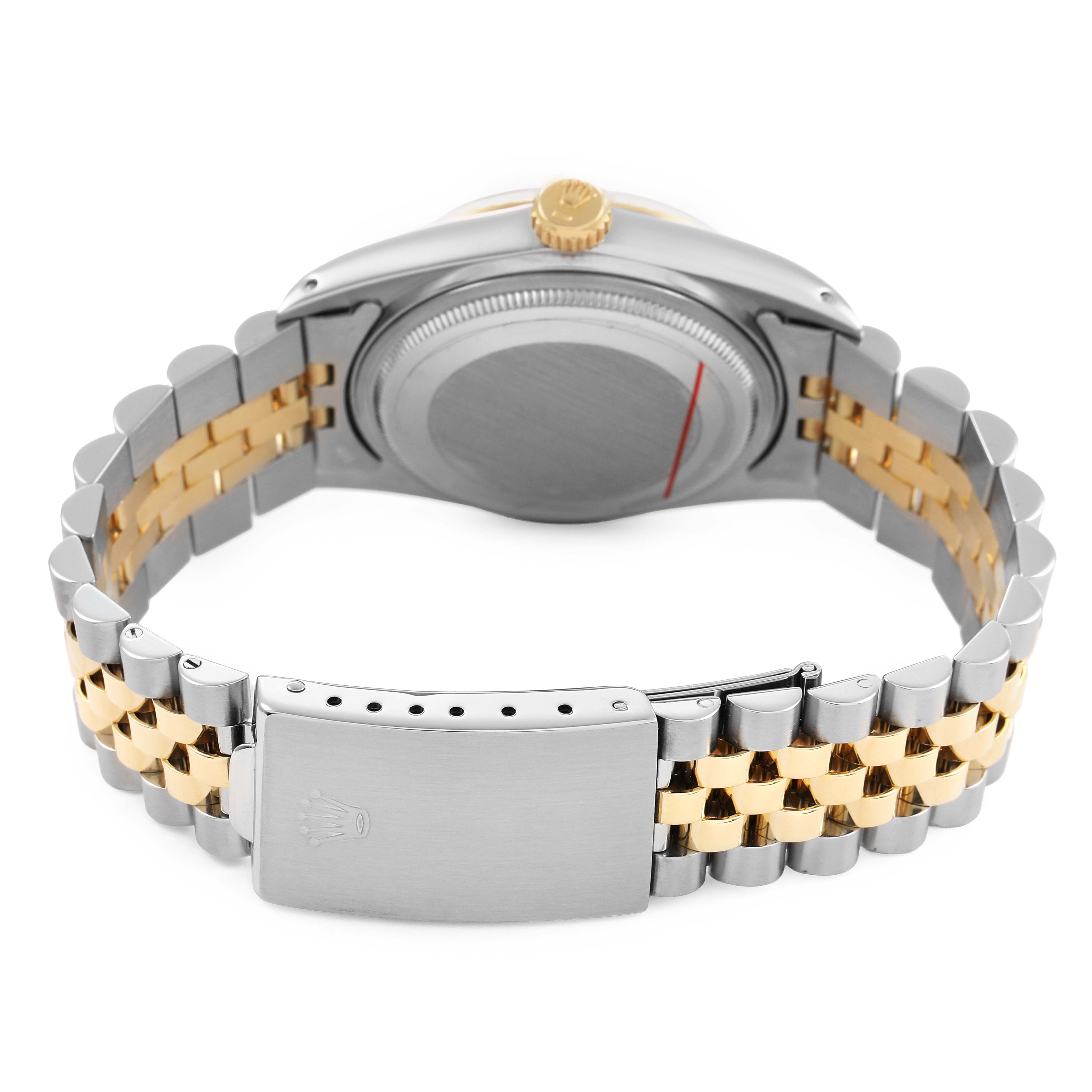 The image shows the back view of a Rolex Datejust 16013 Men's Steel and Gold (two tone) Champagne Dial watch, highlighting the case back, crown, and two-tone bracelet.