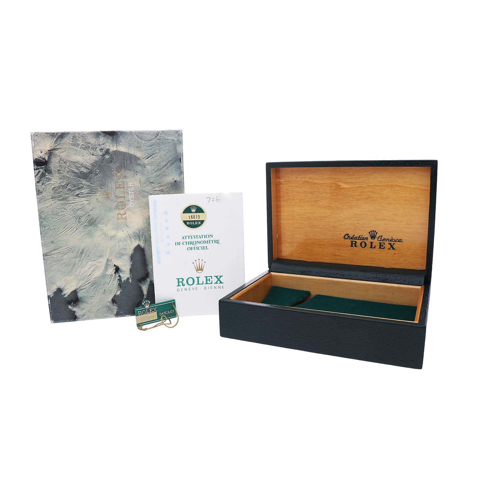 The image shows a Rolex Datejust 16013 Men's Steel and Gold (two tone) Champagne Dial packaging, including the box, booklet, and official documentation, angled from the front.