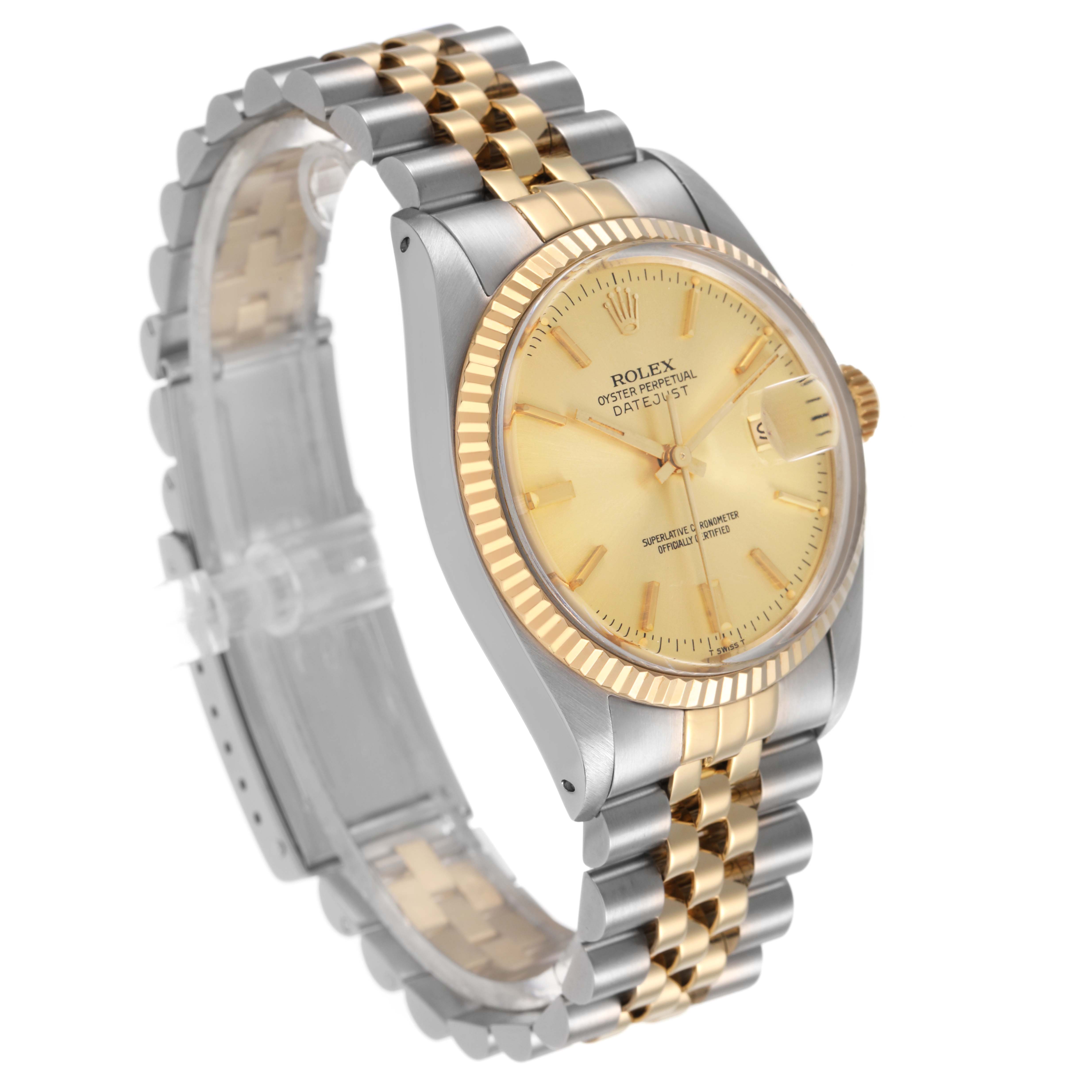 The Rolex Datejust 16013 Men's Steel and Gold (two tone) Champagne Dial watch is shown from a three-quarter angle, highlighting the face, bezel, and Jubilee bracelet.
