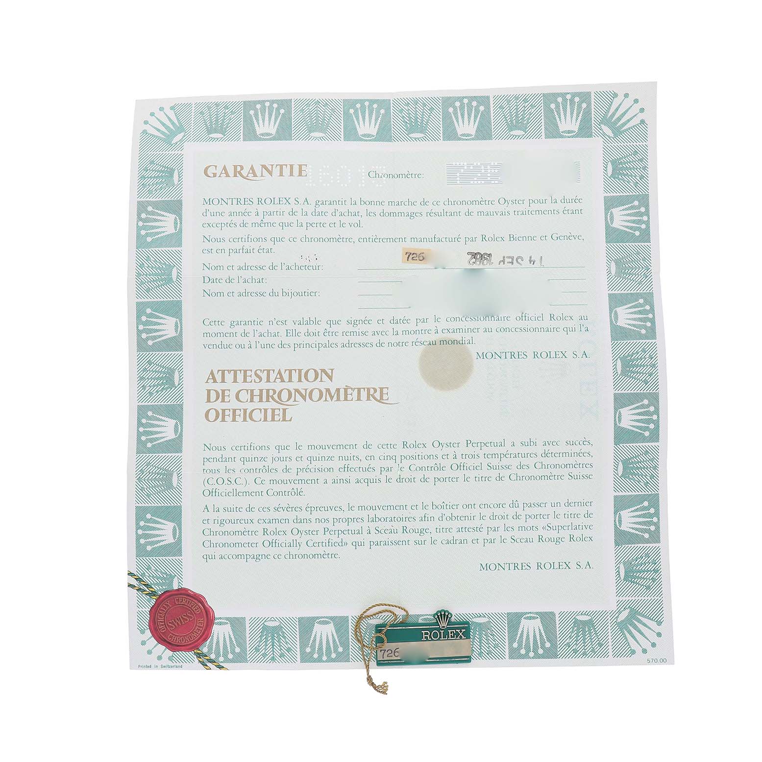The image shows a Rolex Datejust 16013 Men's Steel and Gold (two tone) Champagne Dial warranty certificate and a Rolex tag with a seal, viewed from above.