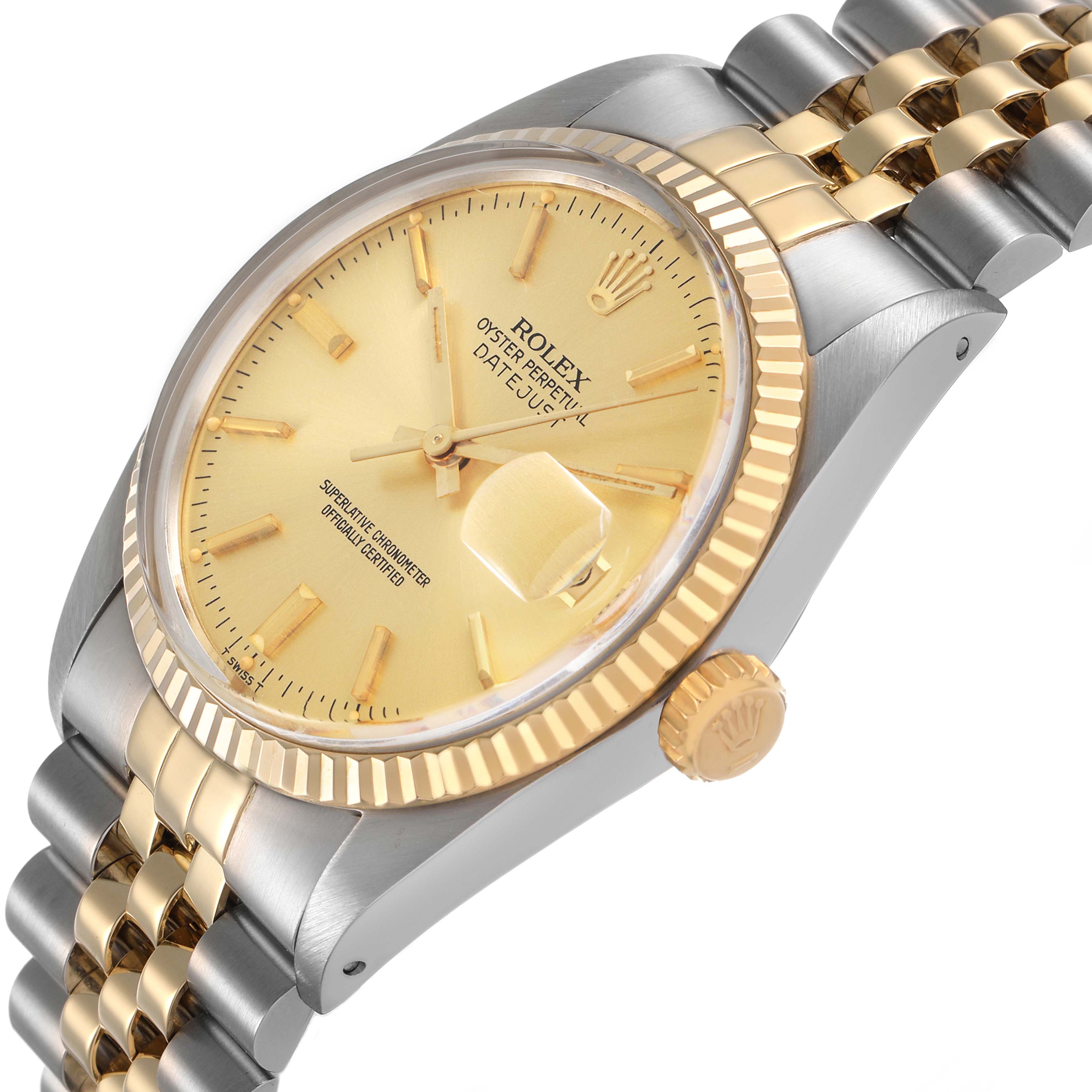 The Rolex Datejust 16013 Men's Steel and Gold (two tone) Champagne Dial watch is shown at an angled side view, highlighting the gold dial, Jubilee bracelet, fluted bezel, and crown.