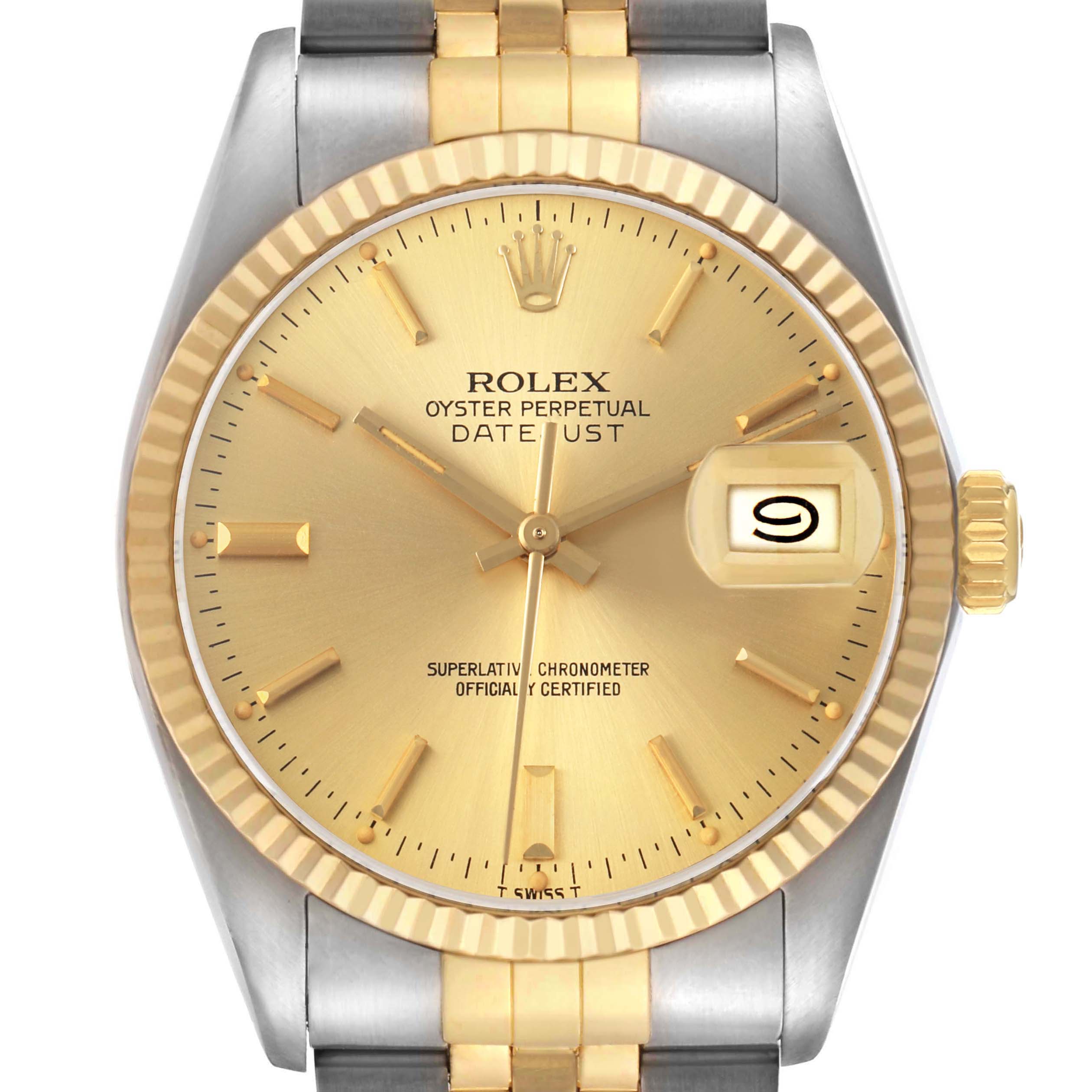 The Rolex Datejust 16013 Men's Steel and Gold (two tone) Champagne Dial is shown from a front angle, highlighting its gold dial, fluted bezel, and two-tone bracelet.